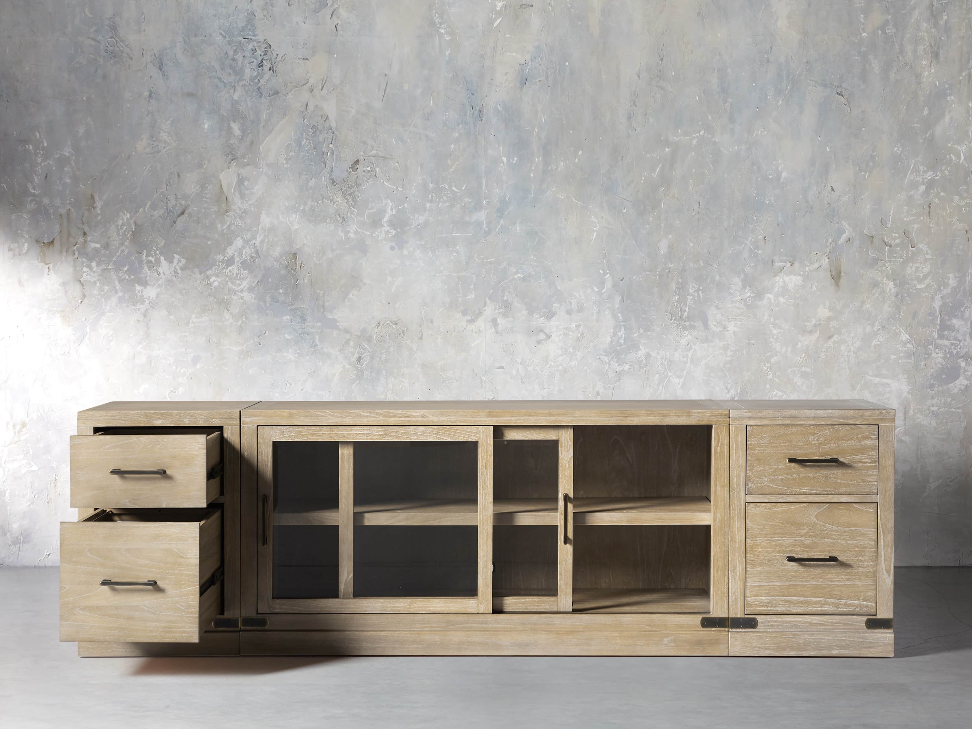Tremont Modular 100" Media Console with Brass Handles in DRY BRANCH NATURAL