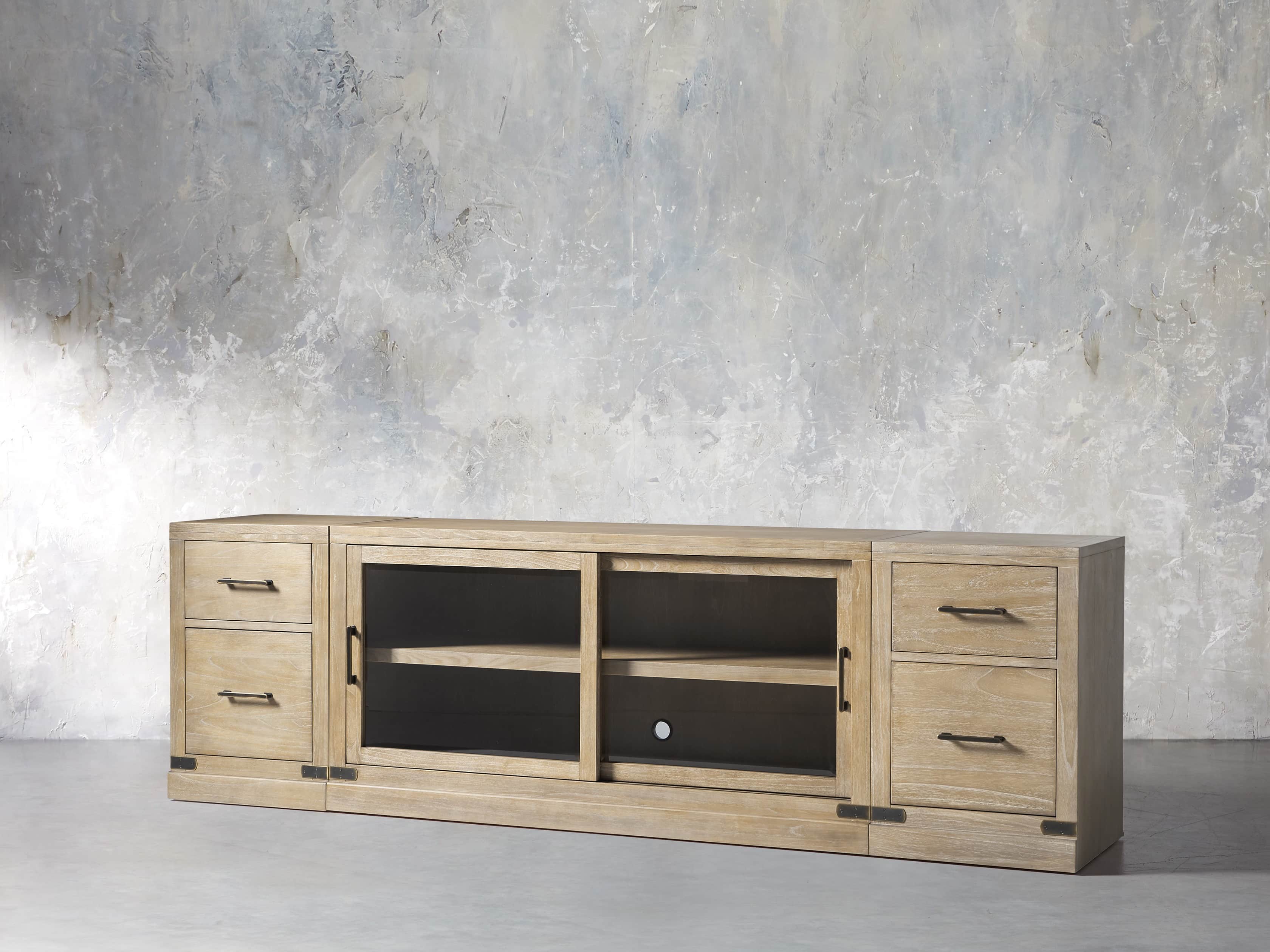 Tremont Modular 100" Media Console with Brass Handles in DRY BRANCH NATURAL