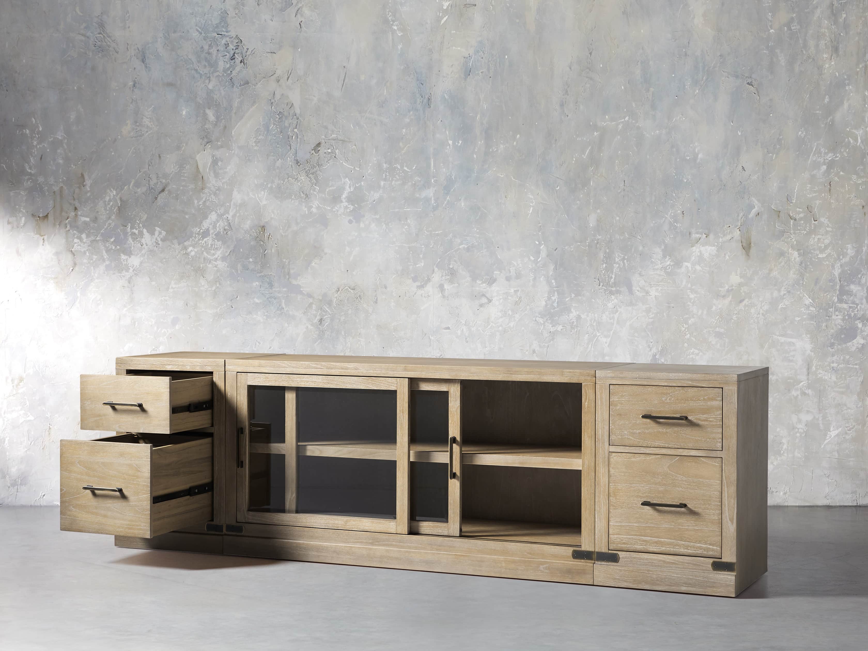Tremont Modular 100" Media Console with Brass Handles in DRY BRANCH NATURAL