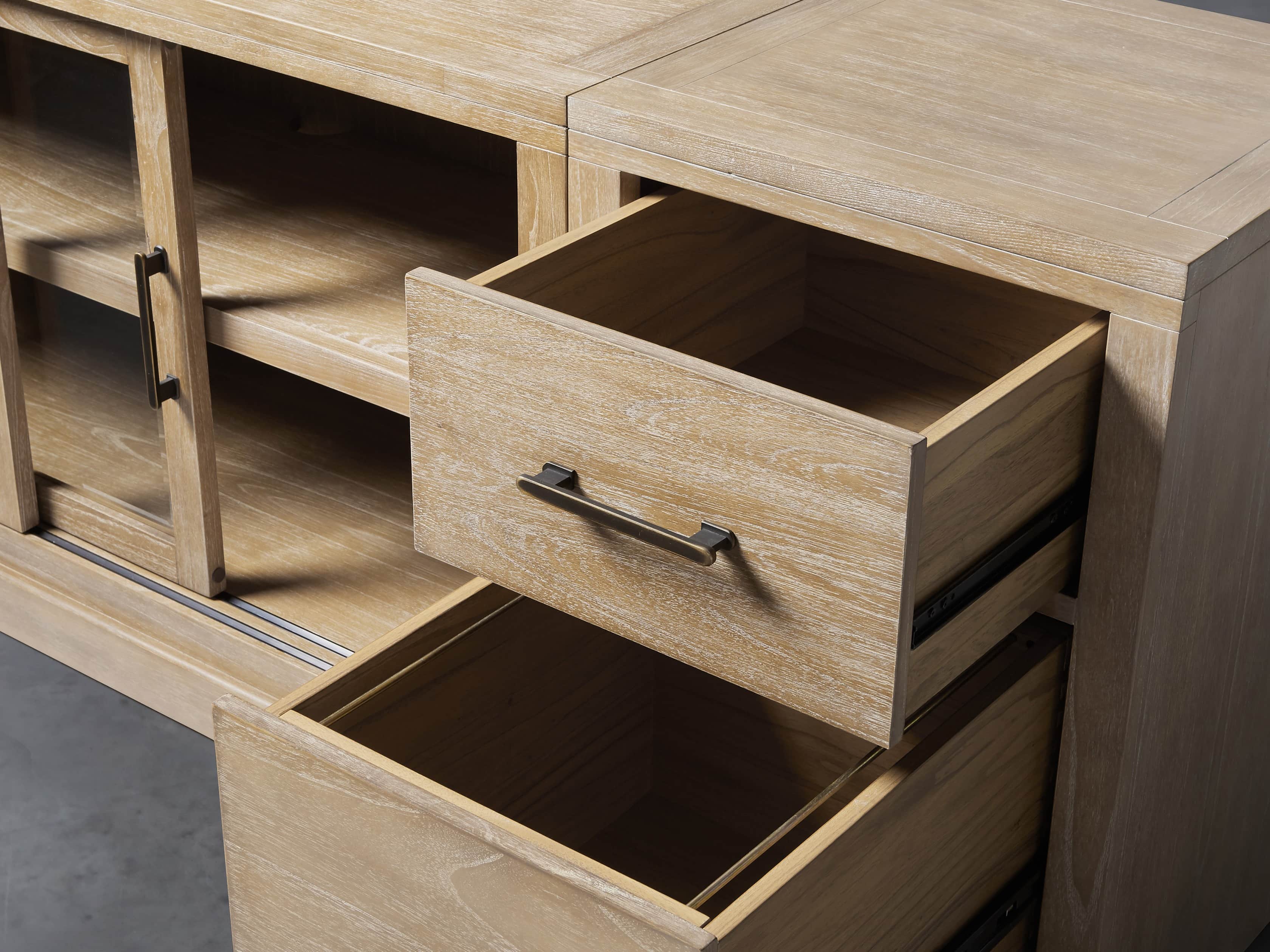Tremont Modular 100" Media Console with Brass Handles in DRY BRANCH NATURAL