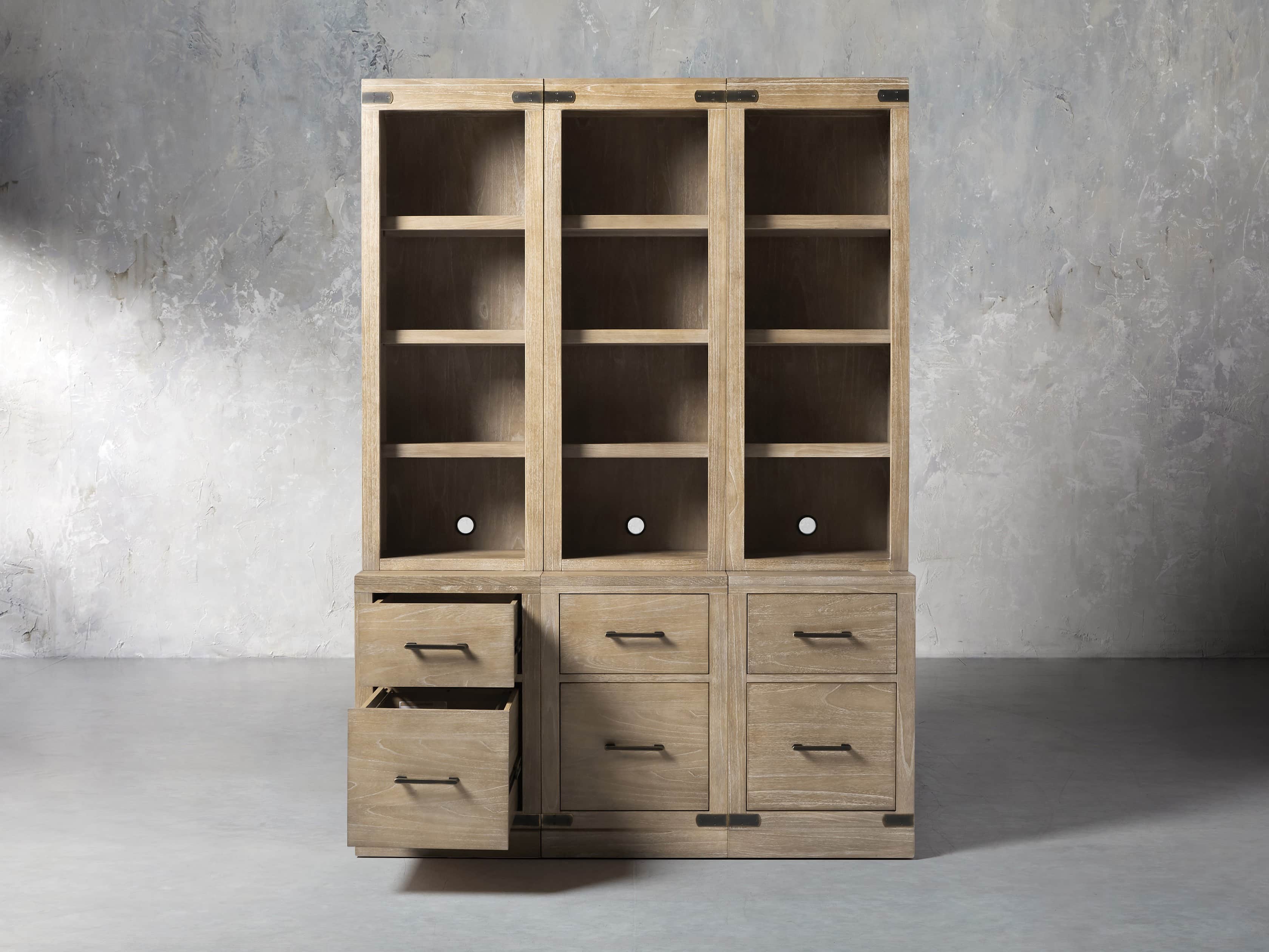 Tremont Modular 60" Triple Bookcase with Brass Handles in DRY BRANCH NATURAL