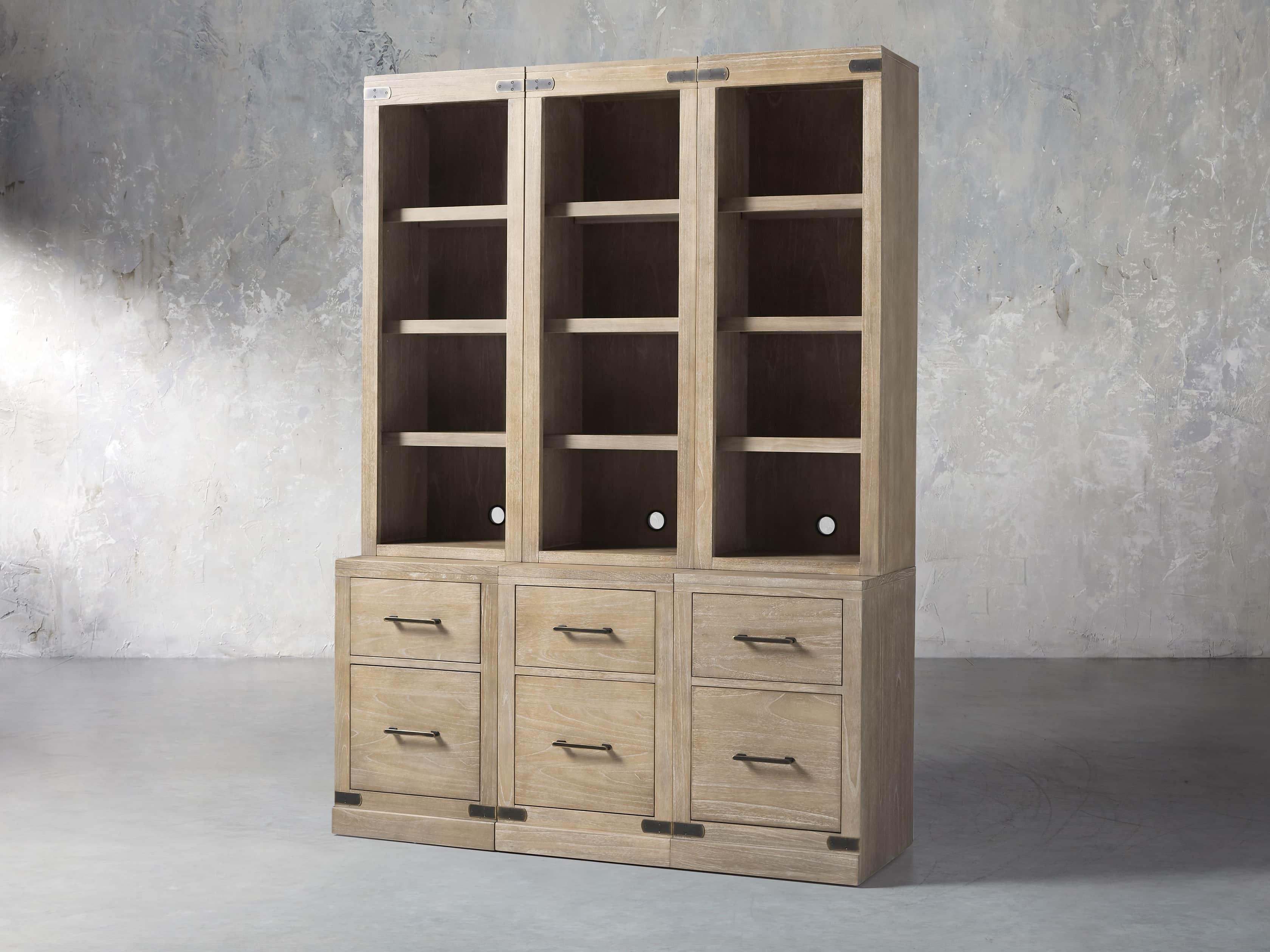 Tremont Modular 60" Triple Bookcase with Brass Handles in DRY BRANCH NATURAL