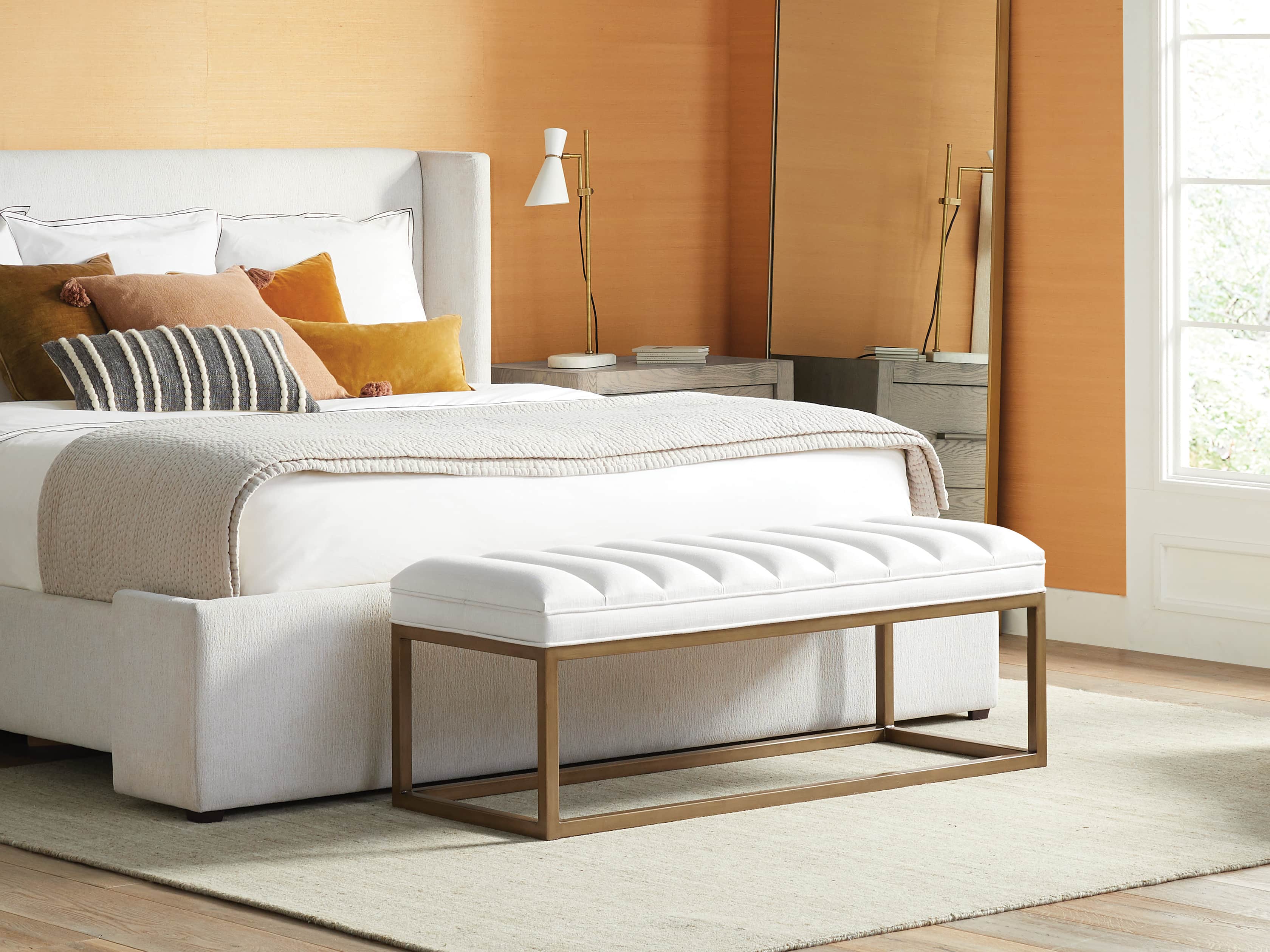 Edie 55" Bench in Devere Ivory and Brushed Brass, slide 1 of 9