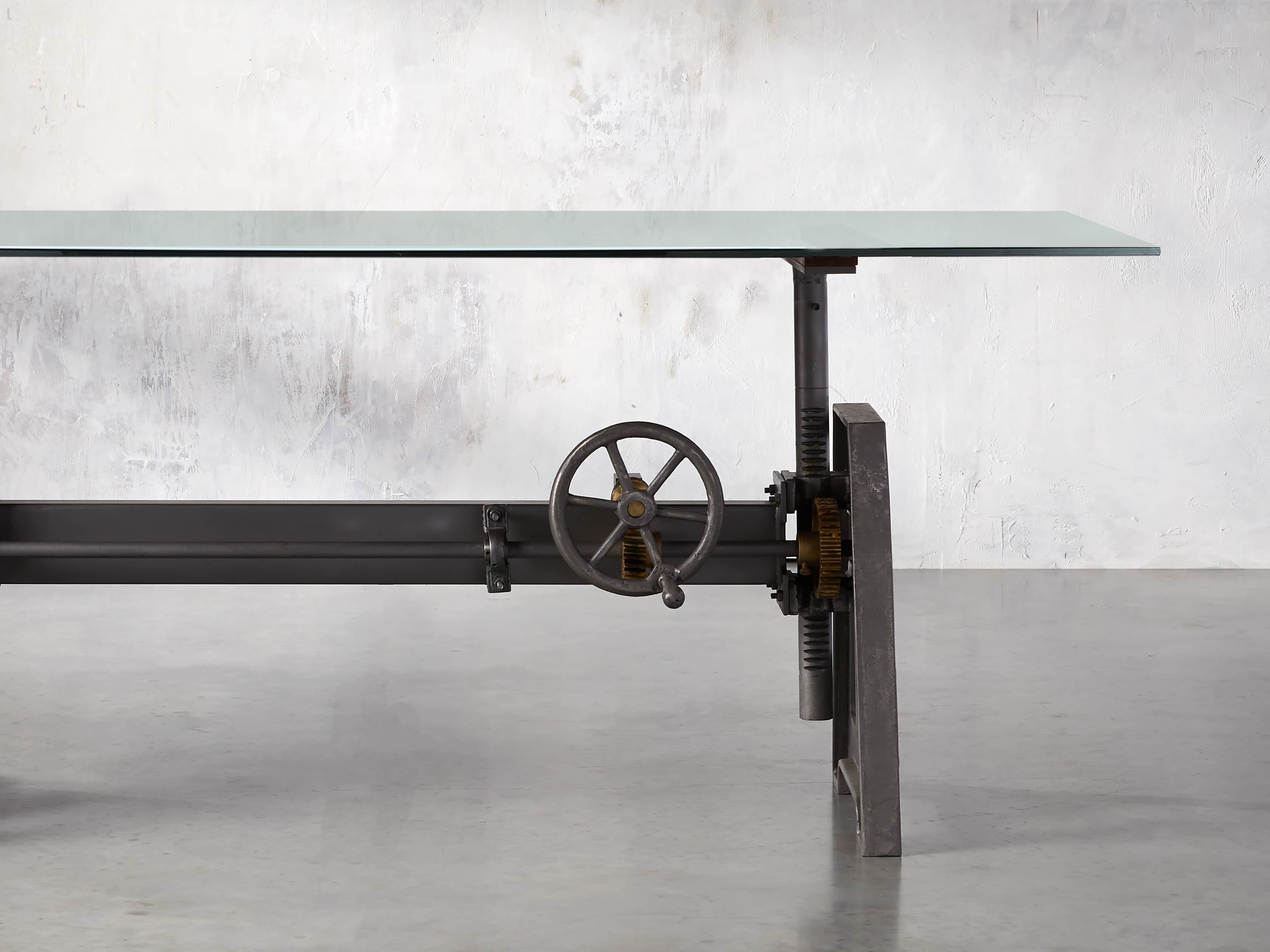 Industrial Crank Desk With Large Glass, Large Glass Desk Topper