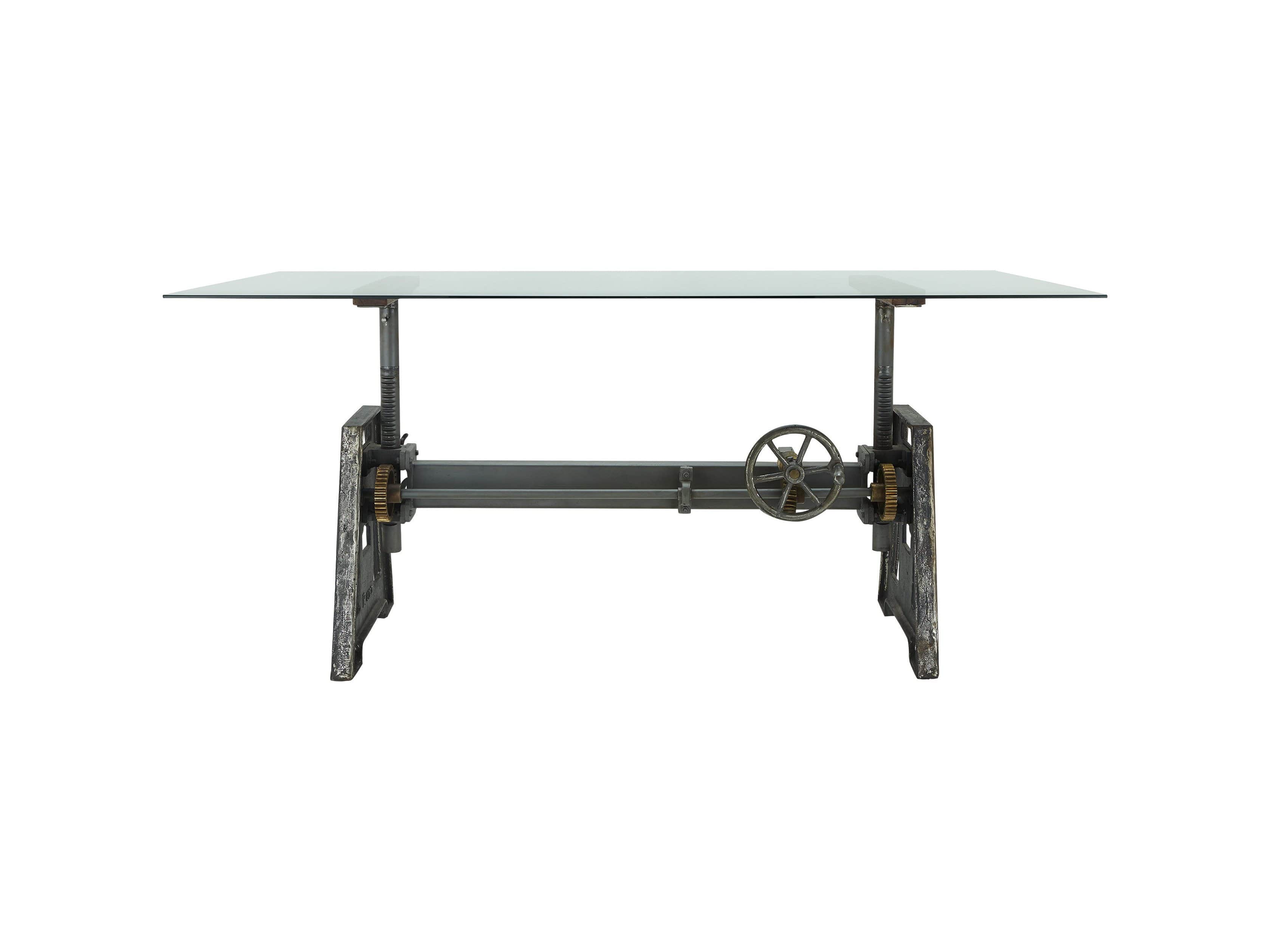 Industrial Crank Desk With Large Glass Top With Iron Base Arhaus
