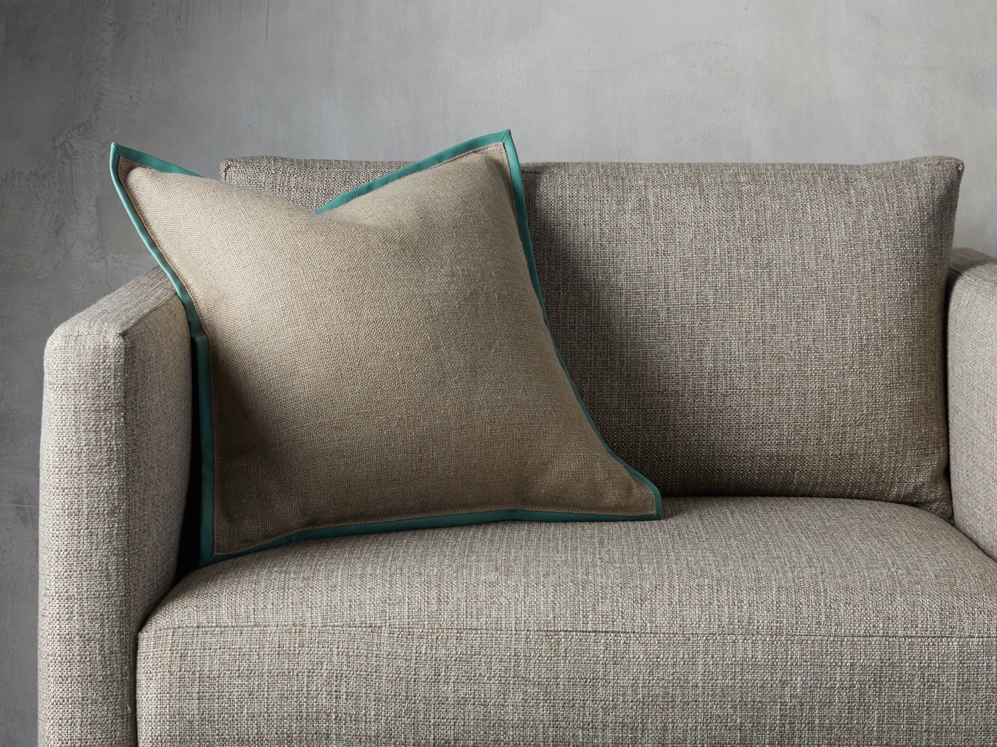 Linen Faux Leather Trim Pillow in Aqua, slide 5 of 5