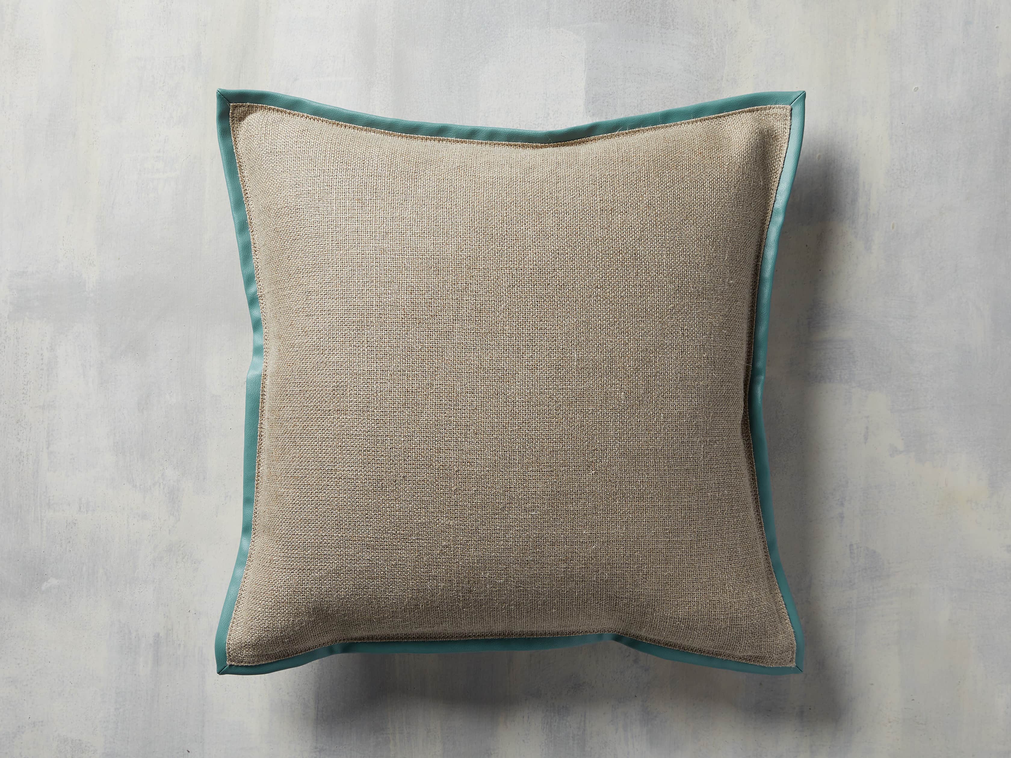 Linen Faux Leather Trim Pillow in Aqua, slide 1 of 5