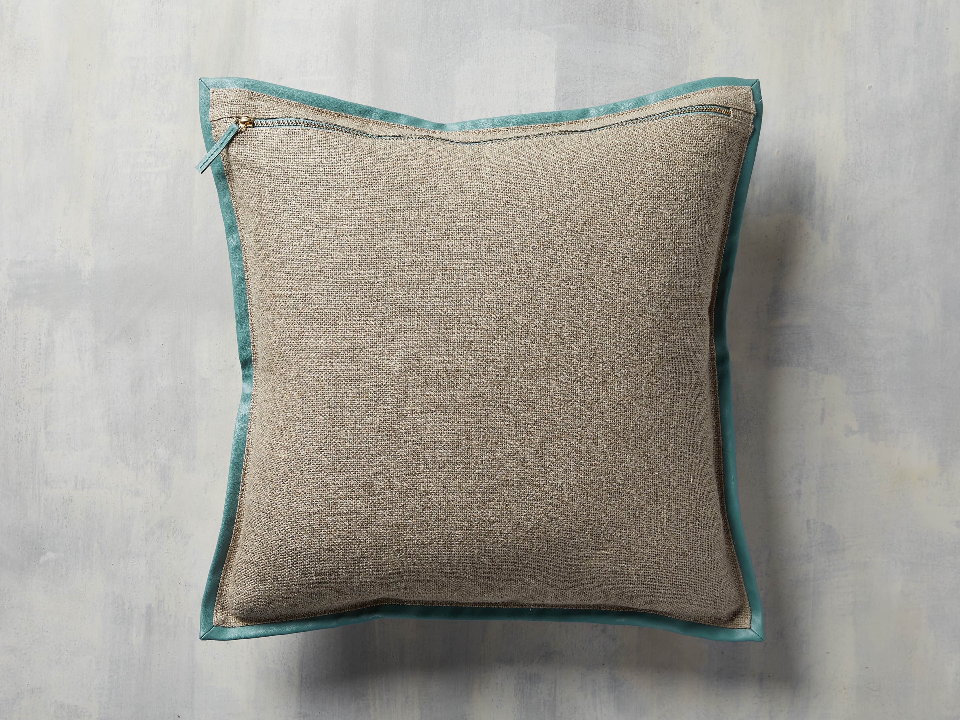 Linen Faux Leather Trim Pillow in Aqua, slide 2 of 5