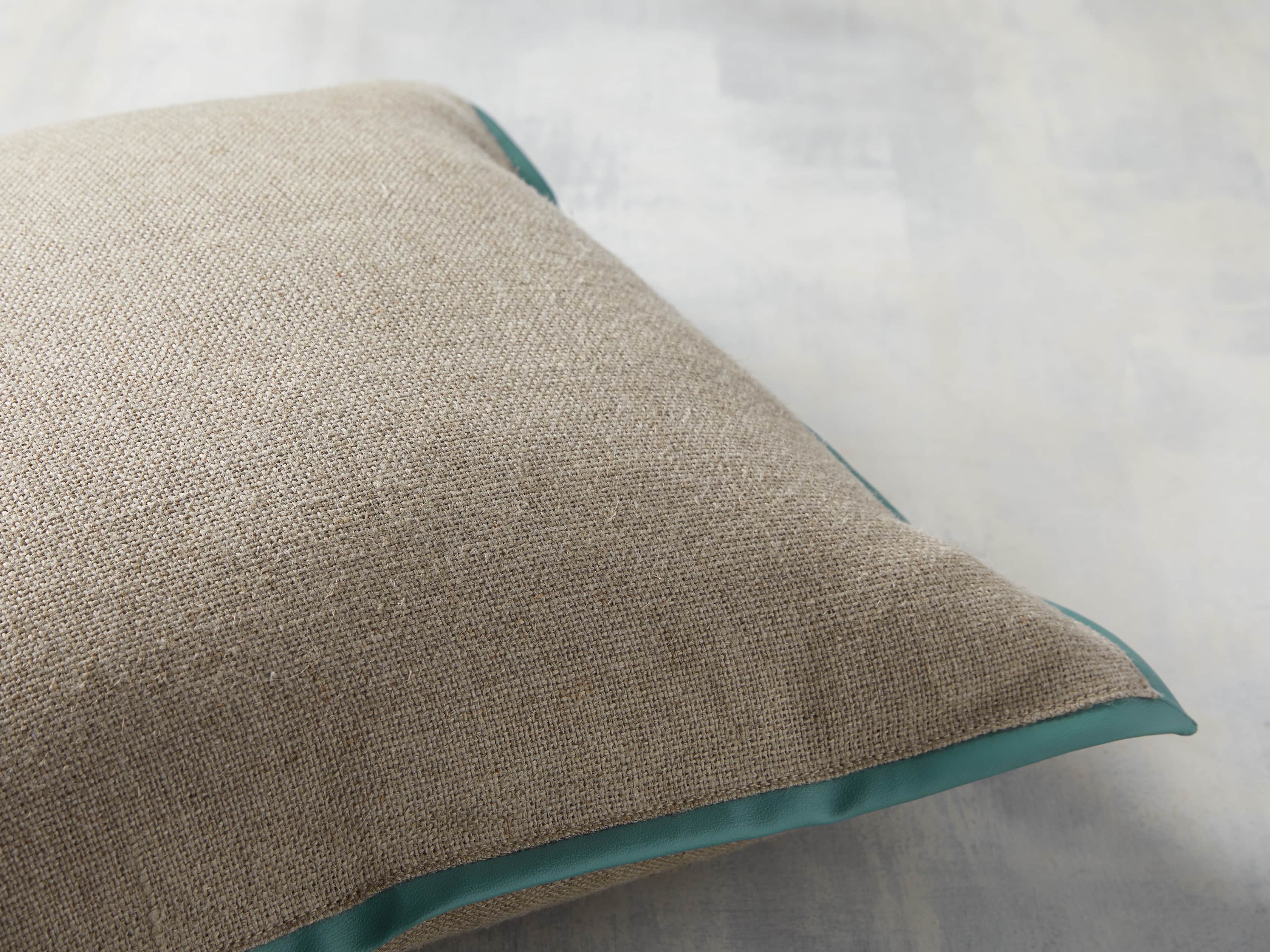 Linen Faux Leather Trim Pillow in Aqua, slide 3 of 5