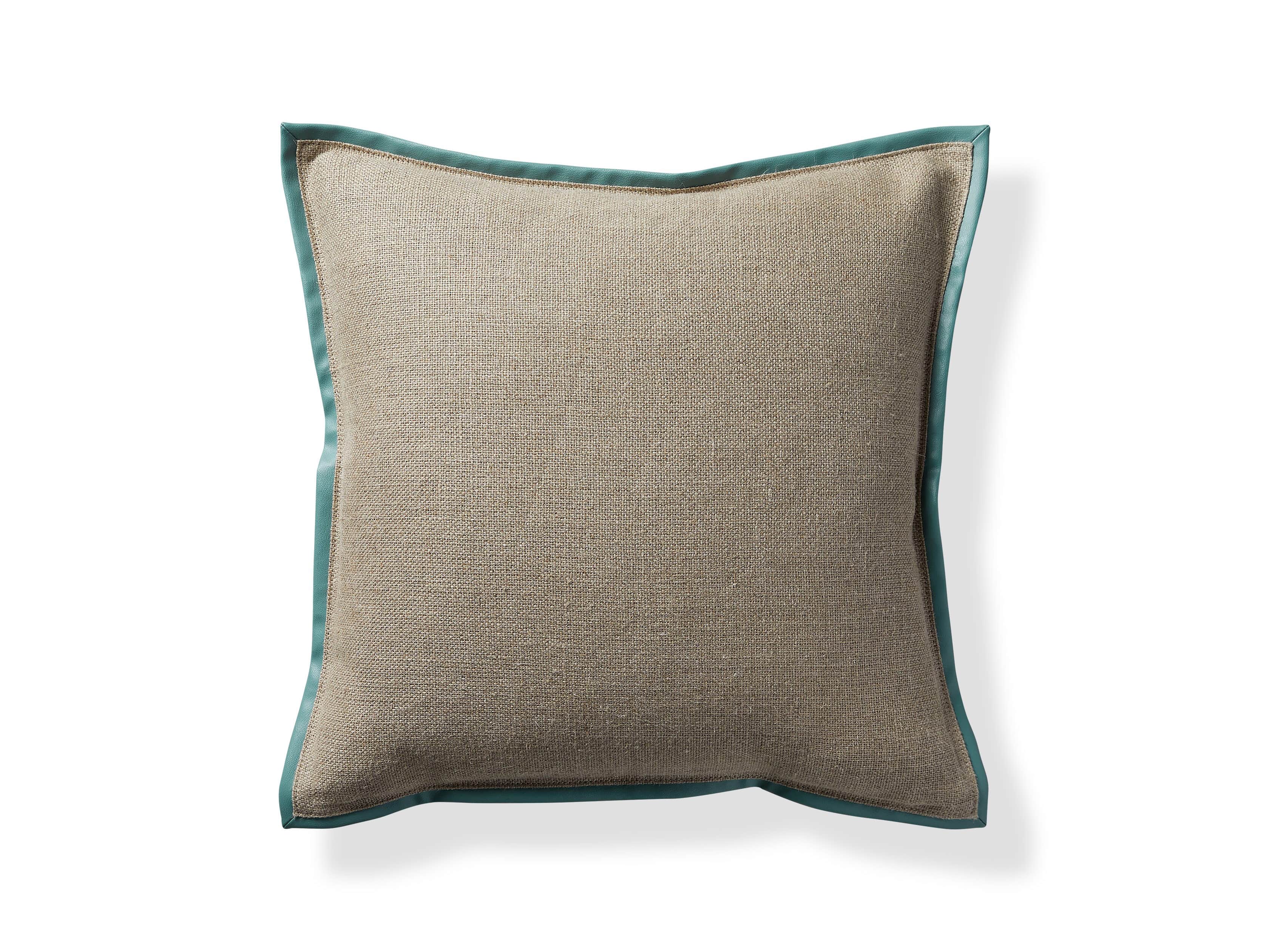 Linen Faux Leather Trim Pillow in Aqua, slide 4 of 5