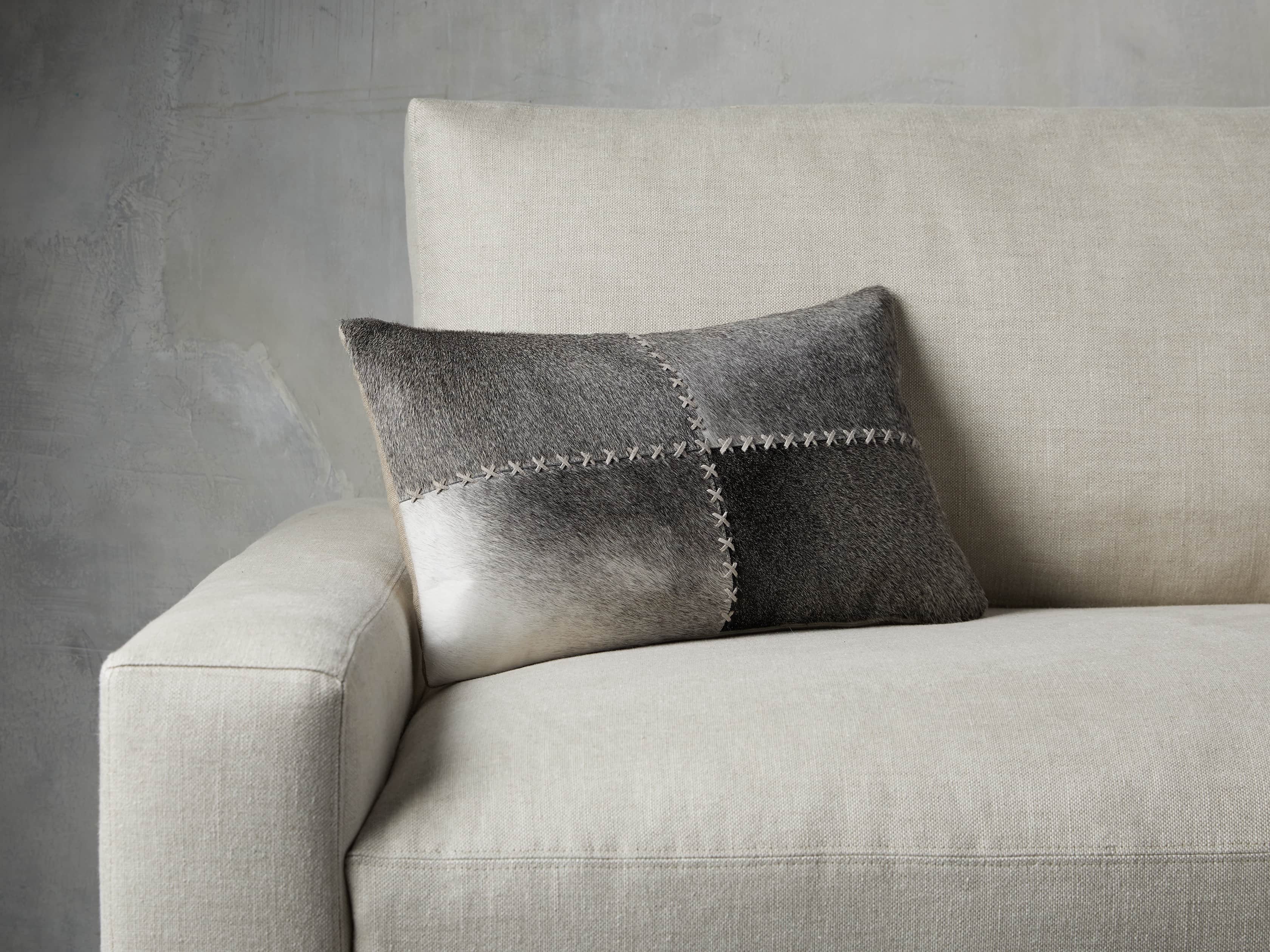 Whipstitch Hide Lumbar Pillow in Grey, slide 1 of 5