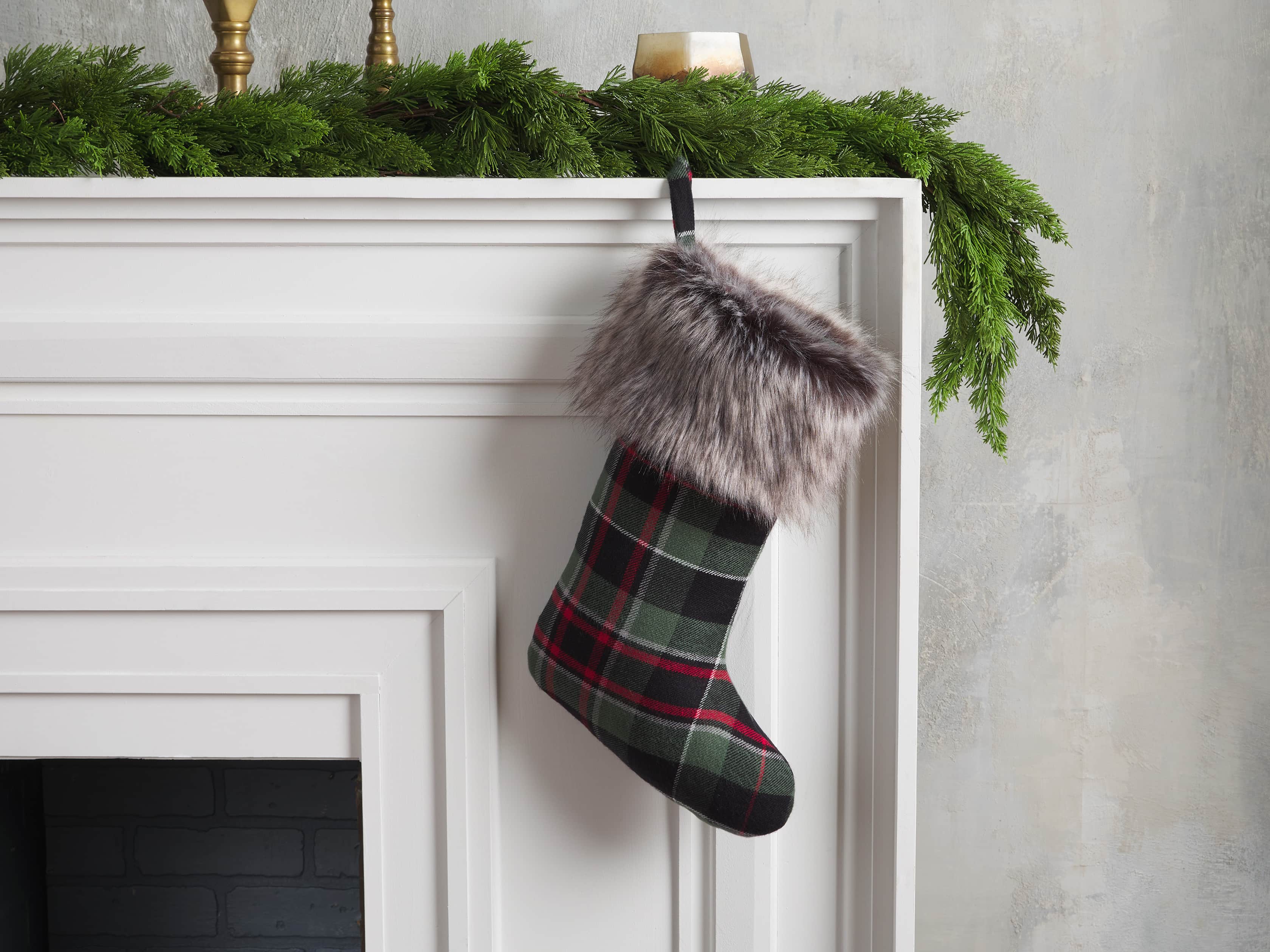 Green Tartan Faux Fur Stocking, slide 1 of 3