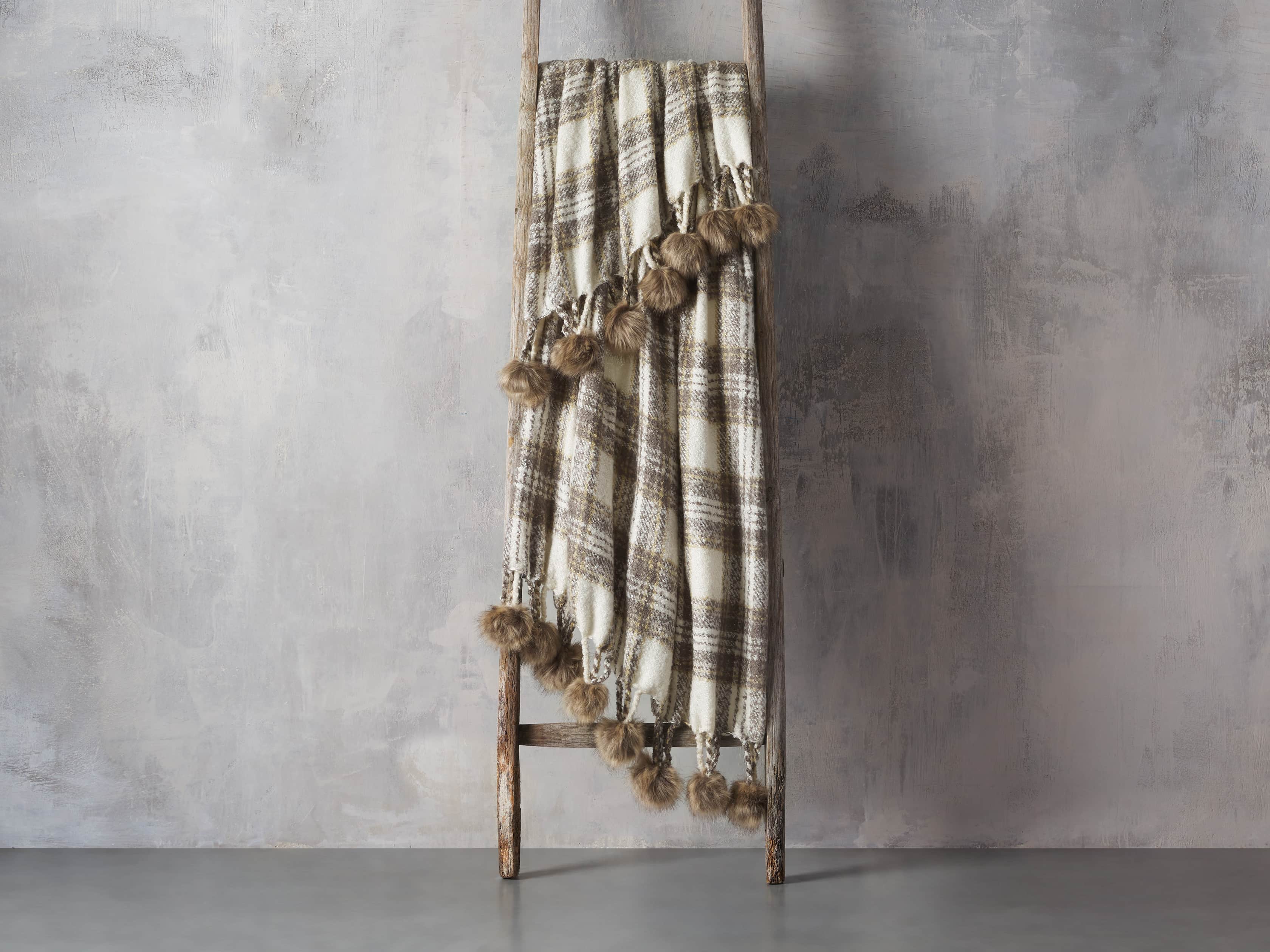 Charcoal Tartan Throw with Faux Fur Pom Poms, slide 2 of 3
