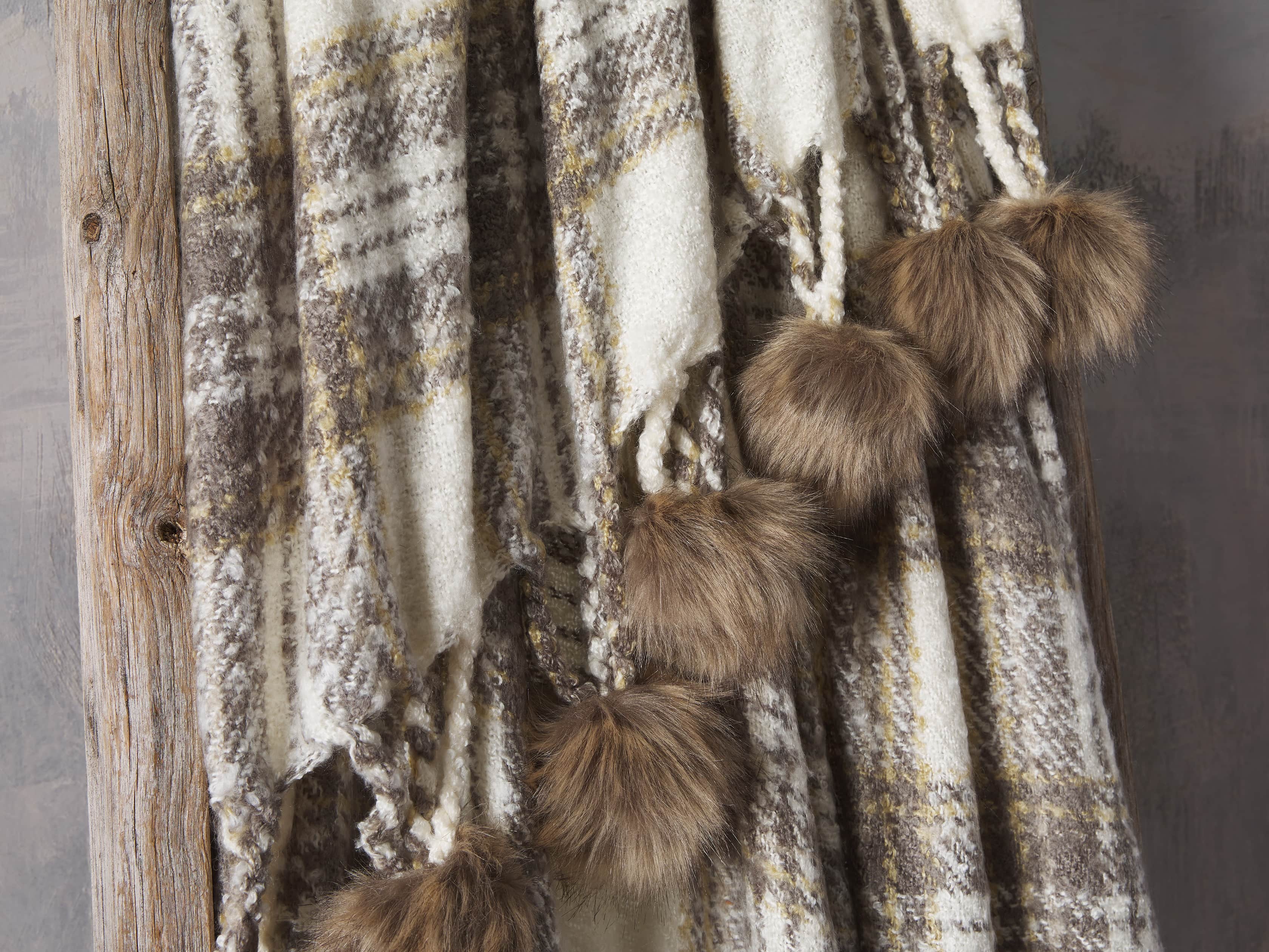 Charcoal Tartan Throw with Faux Fur Pom Poms, slide 3 of 3