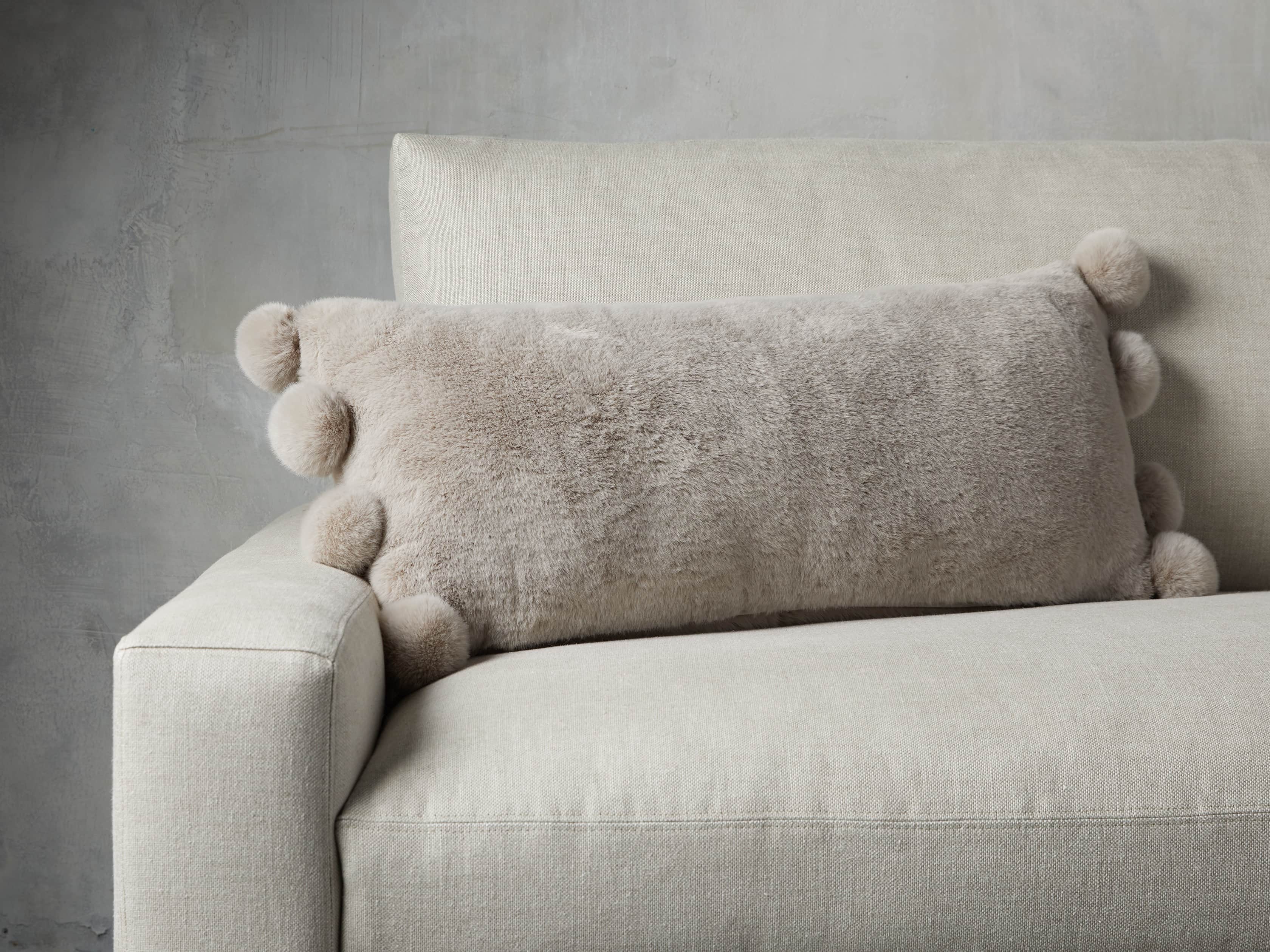 Faux Fur Pom Lumbar Pillow in Grey