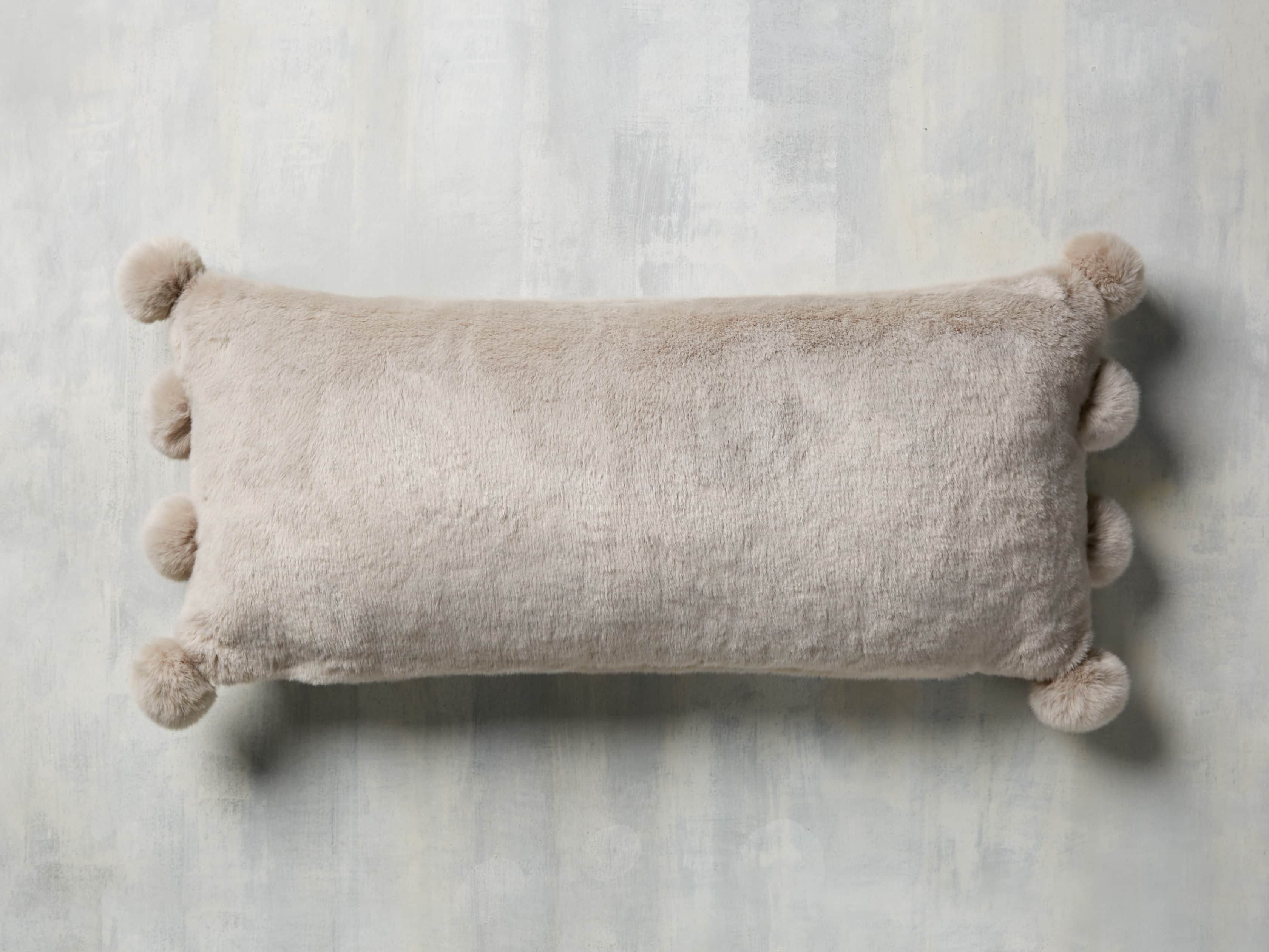 Faux Fur Pom Lumbar Pillow in Grey