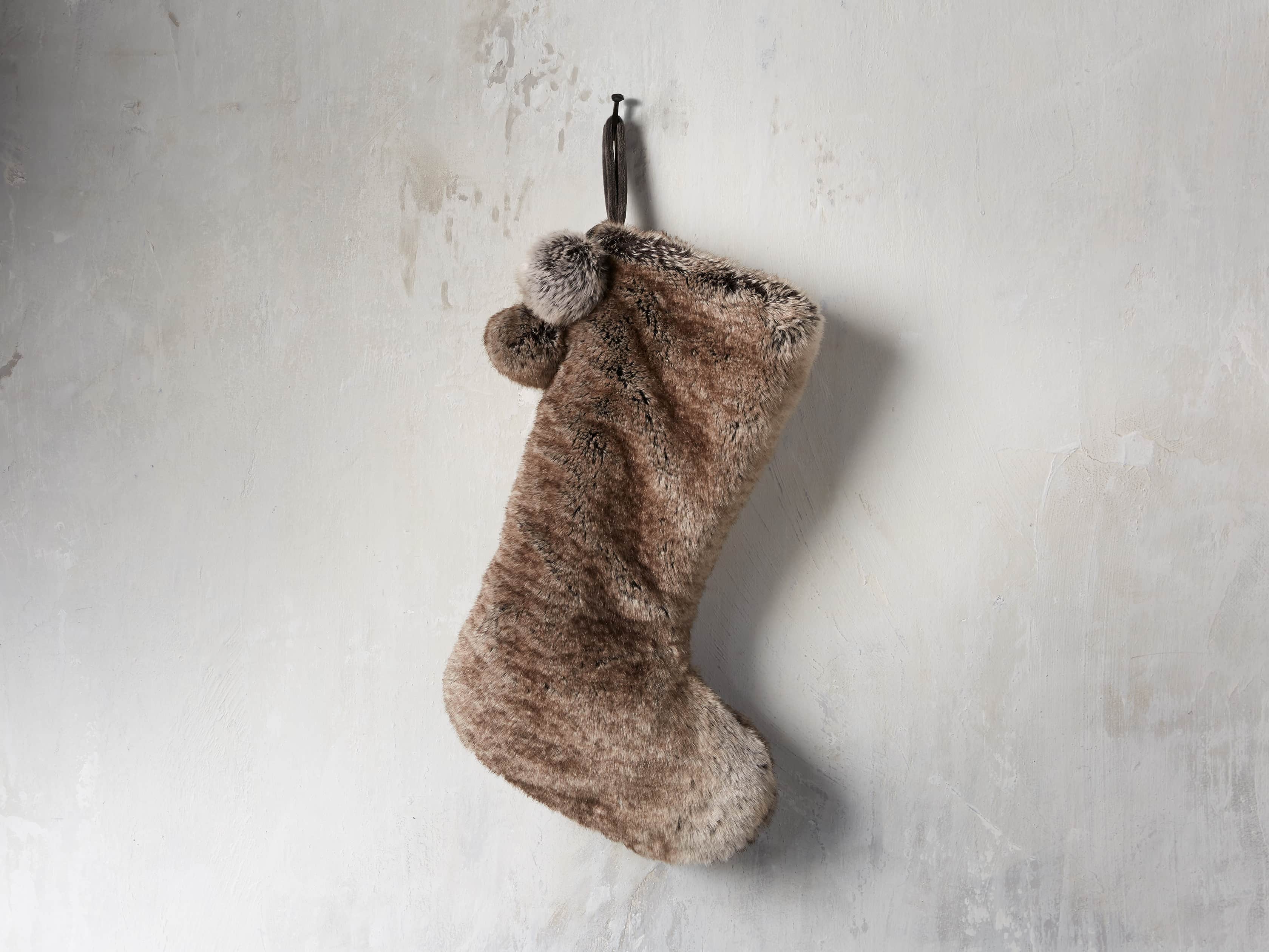 Faux Fur Pom Pom Stocking in Grey Wolf, slide 1 of 5