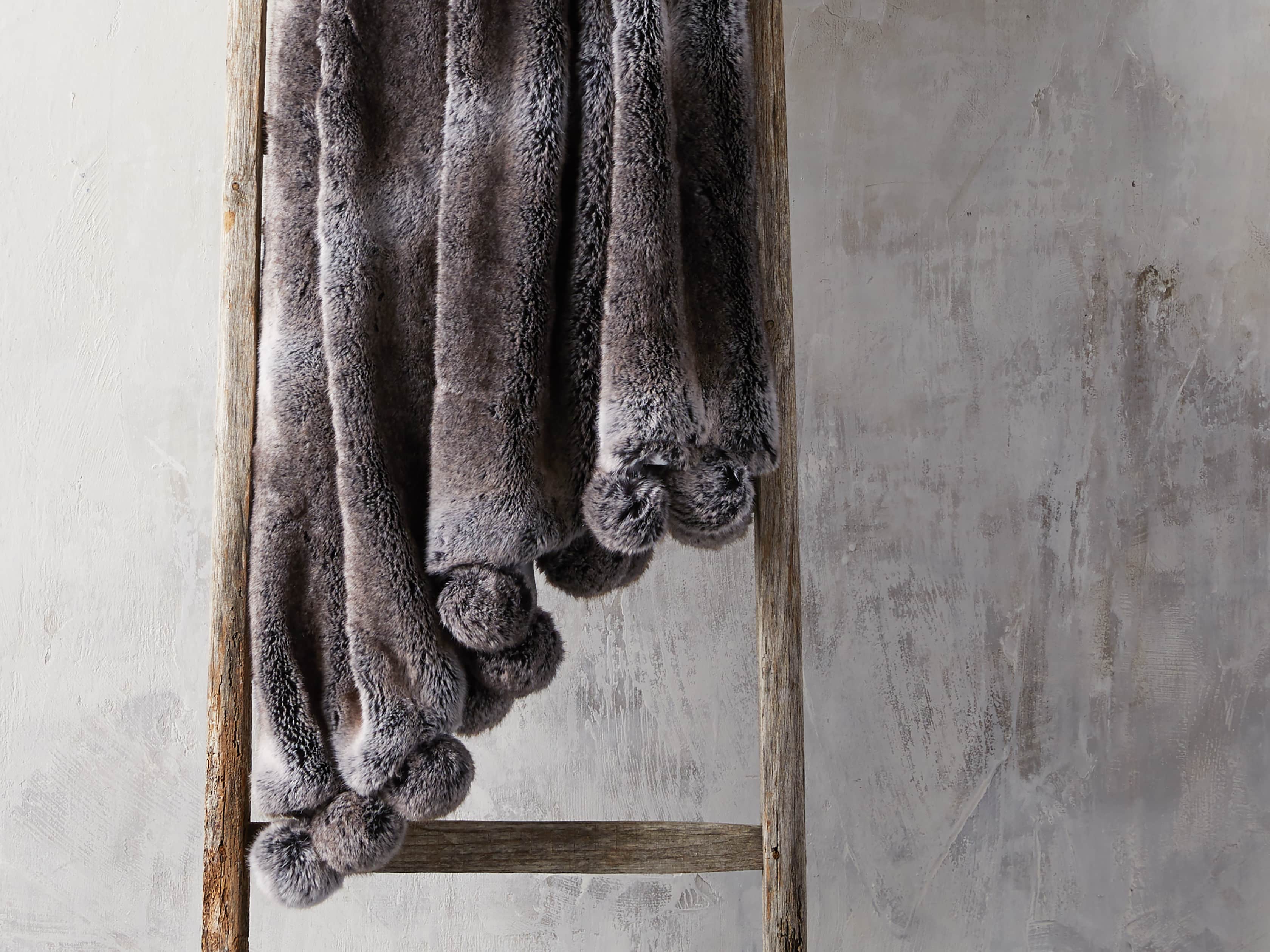 Faux Fur Wolf Pom Throw in Grey