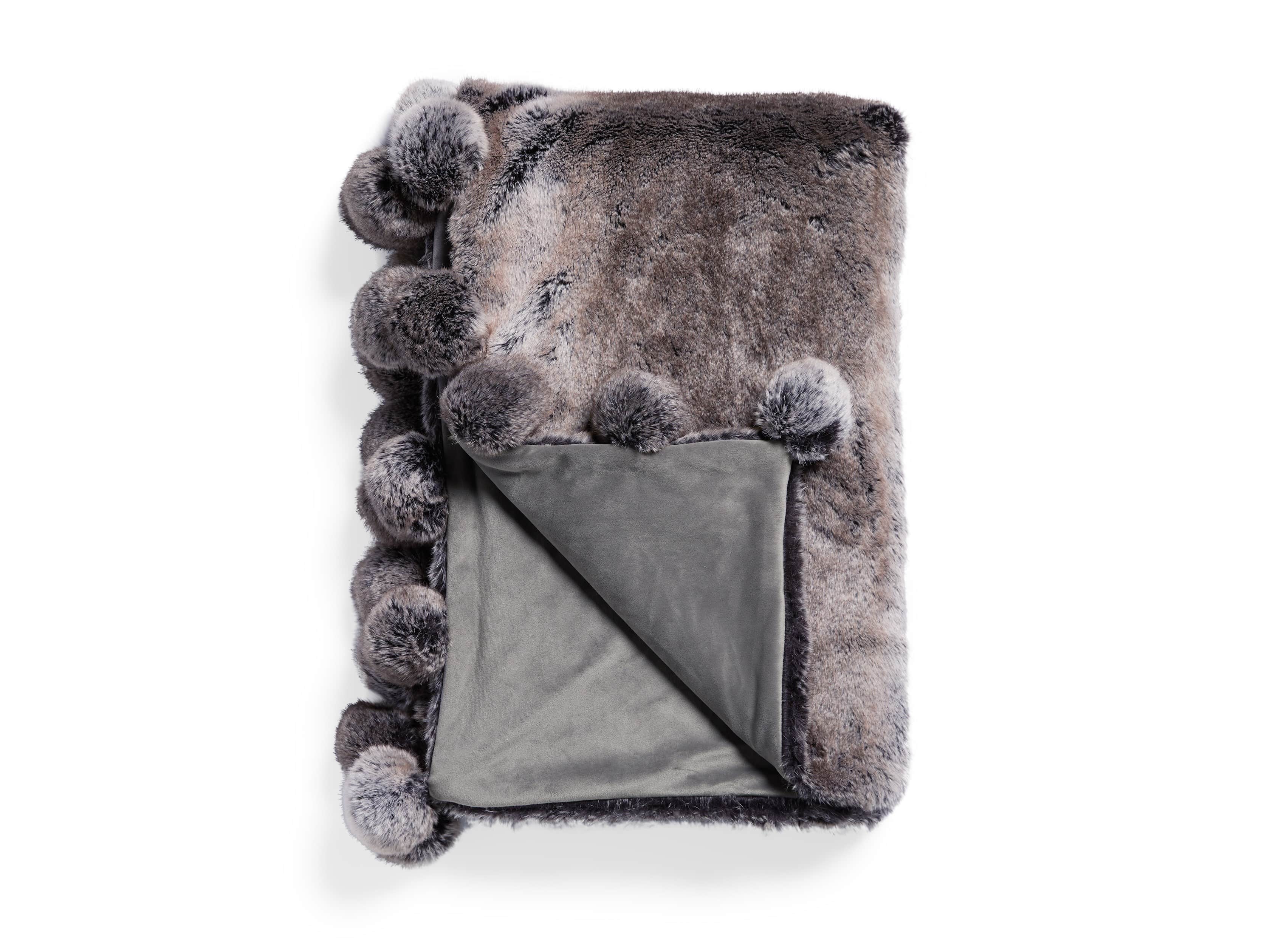 Faux Fur Wolf Pom Throw in Grey