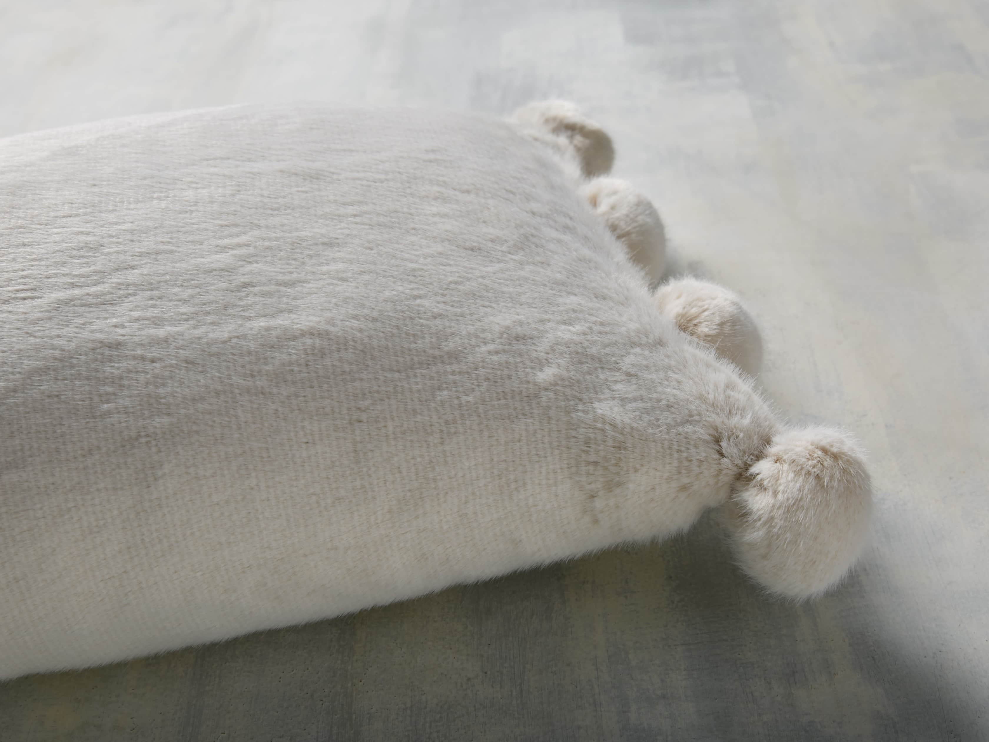 Faux Fur Pom Lumbar Pillow in Ivory