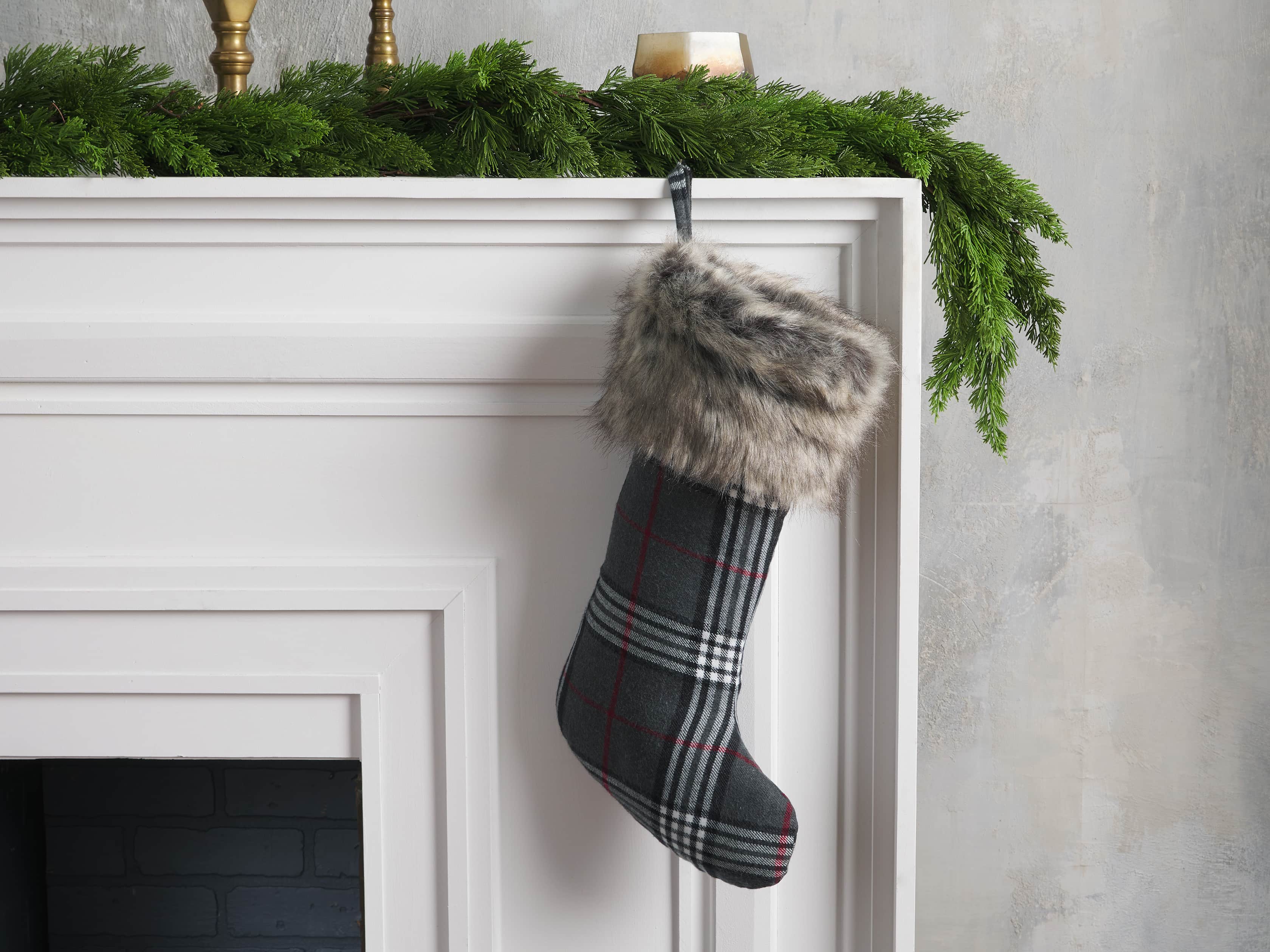 Charcoal Tartan Faux Fur Stocking, slide 1 of 3