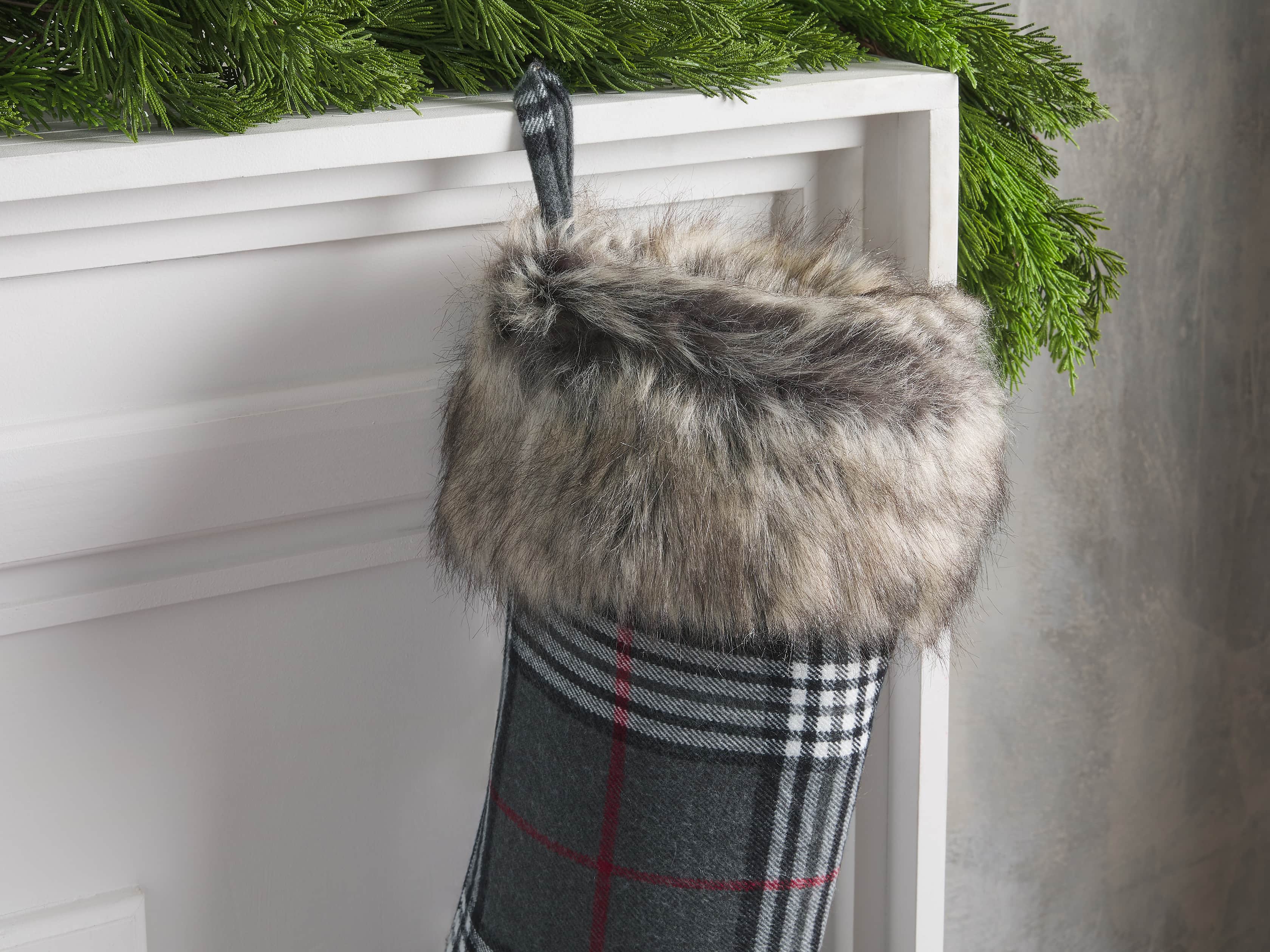Charcoal Tartan Faux Fur Stocking, slide 2 of 3