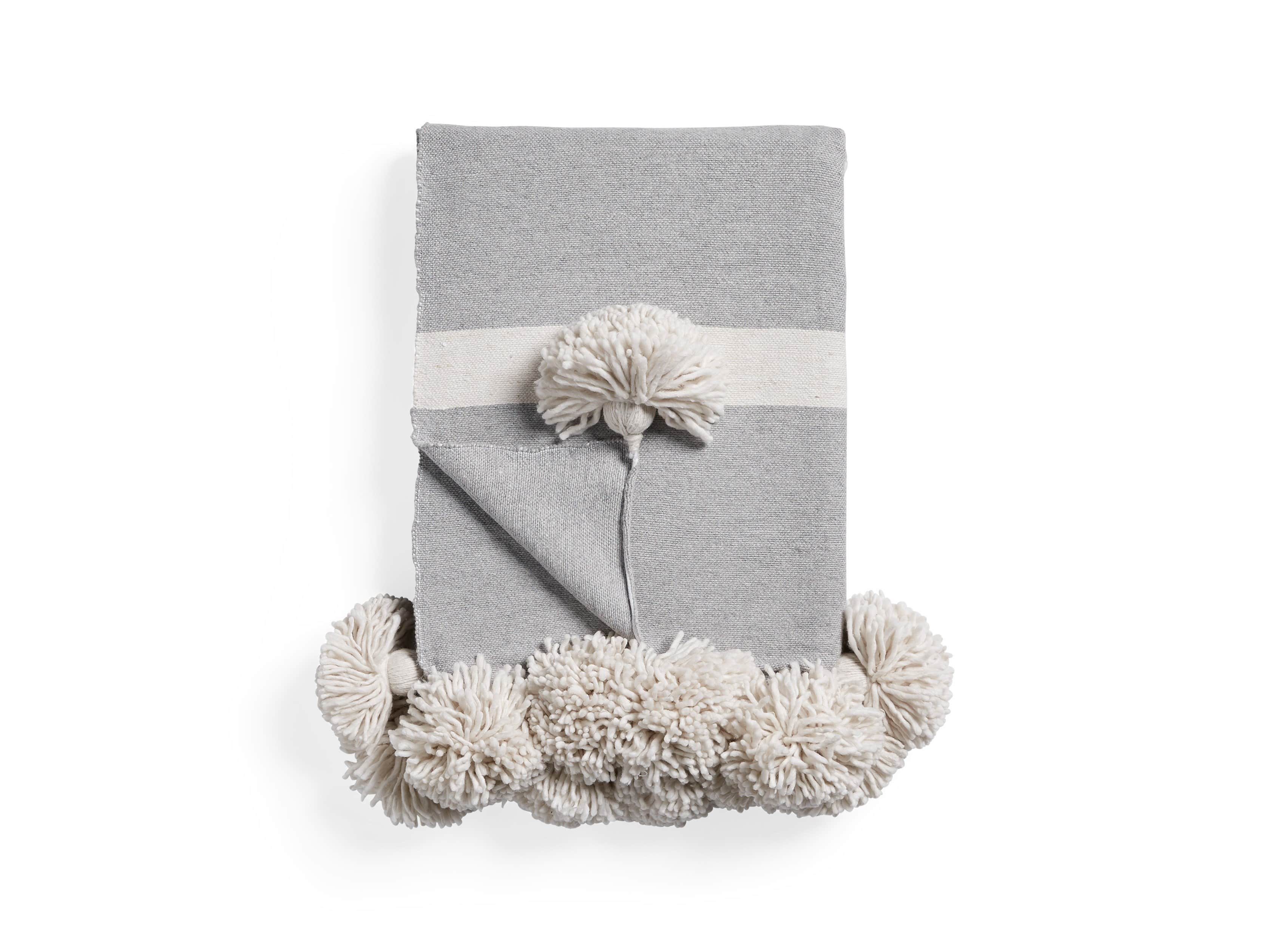 Moroccan Pom Pom Blanket in Grey Stripe