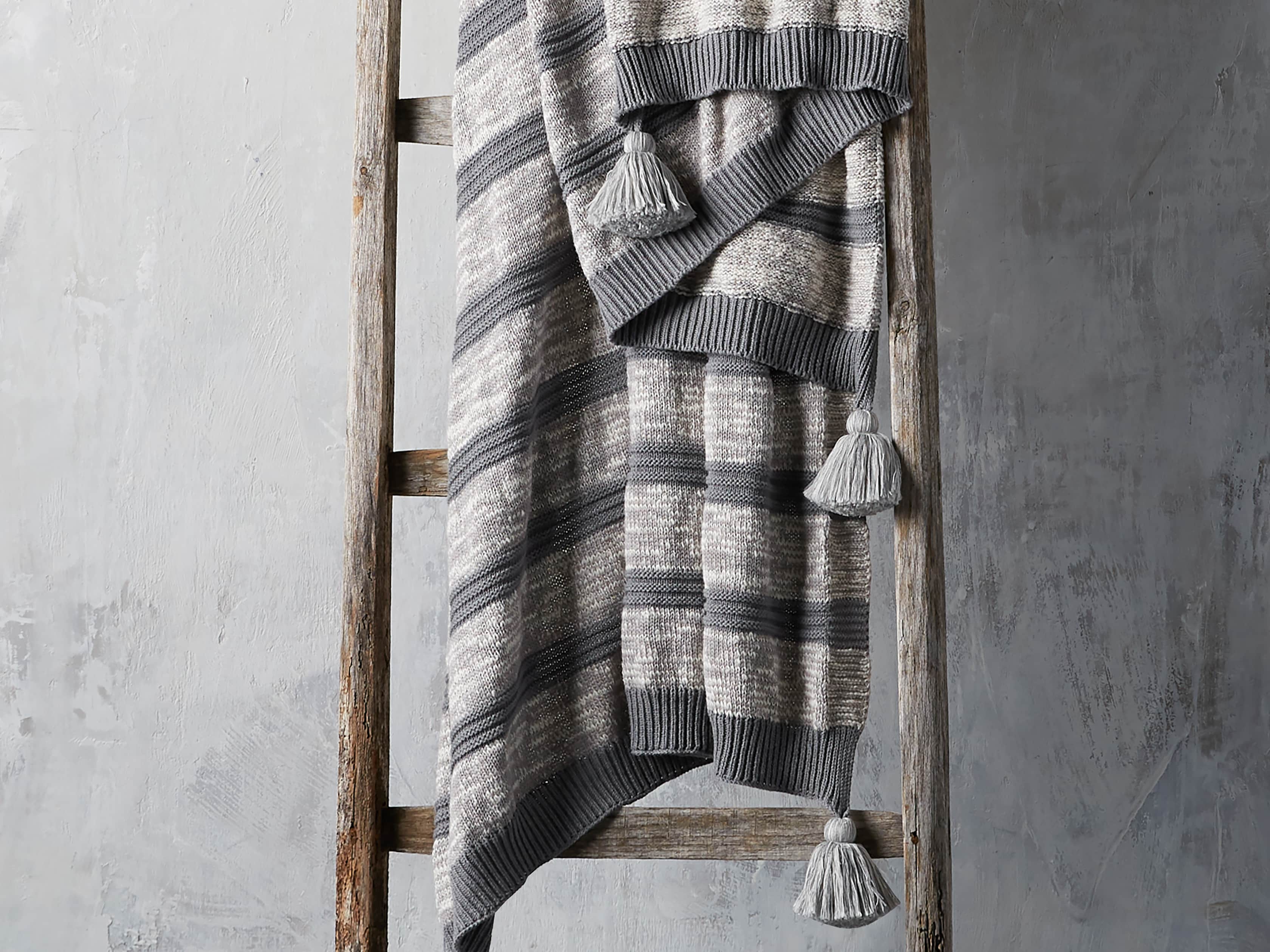 Grey Striped Knit Pom Pom Throw