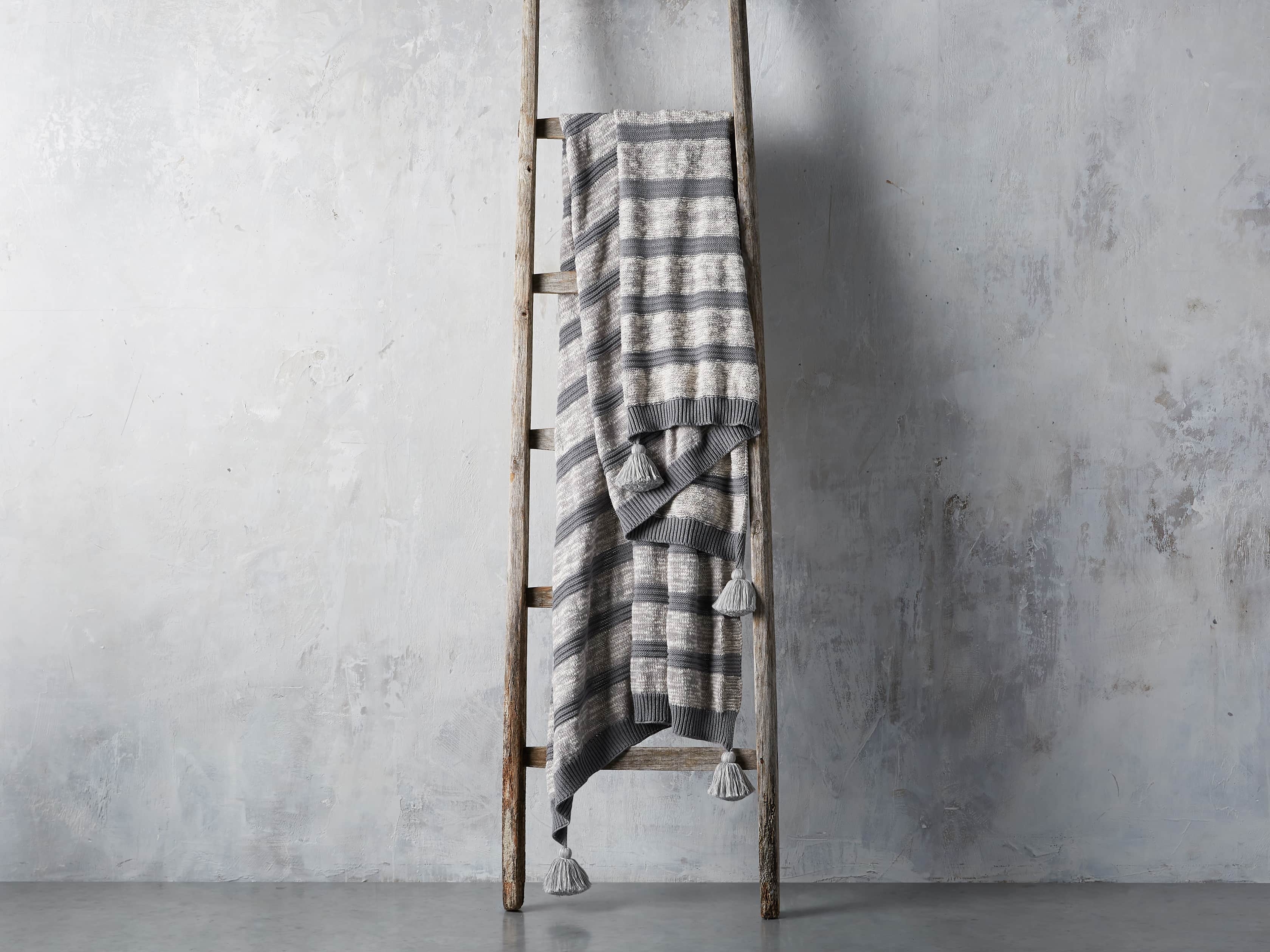 Grey Striped Knit Pom Pom Throw