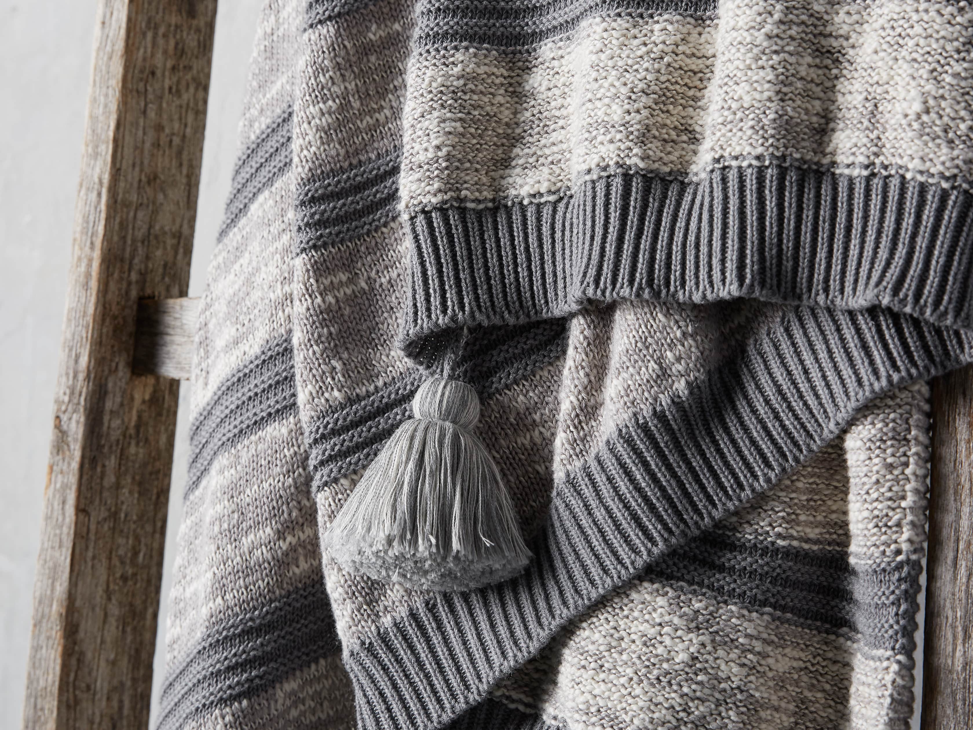 Grey Striped Knit Pom Pom Throw