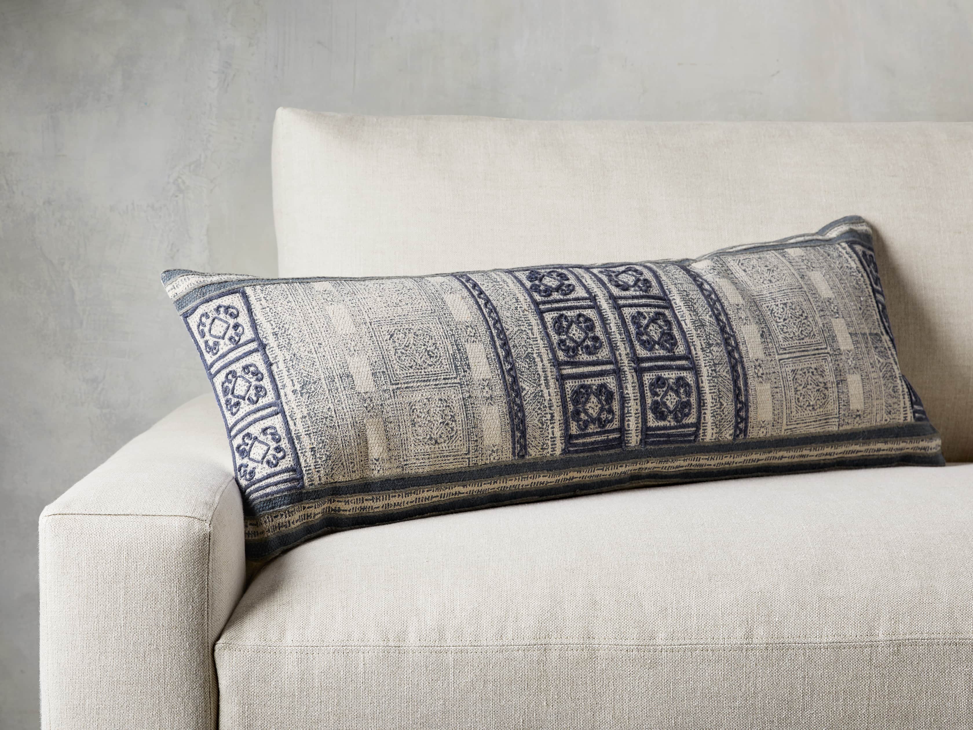 Indigo-Embroidered Antique-Print 14" x 36" Lumbar Pillow