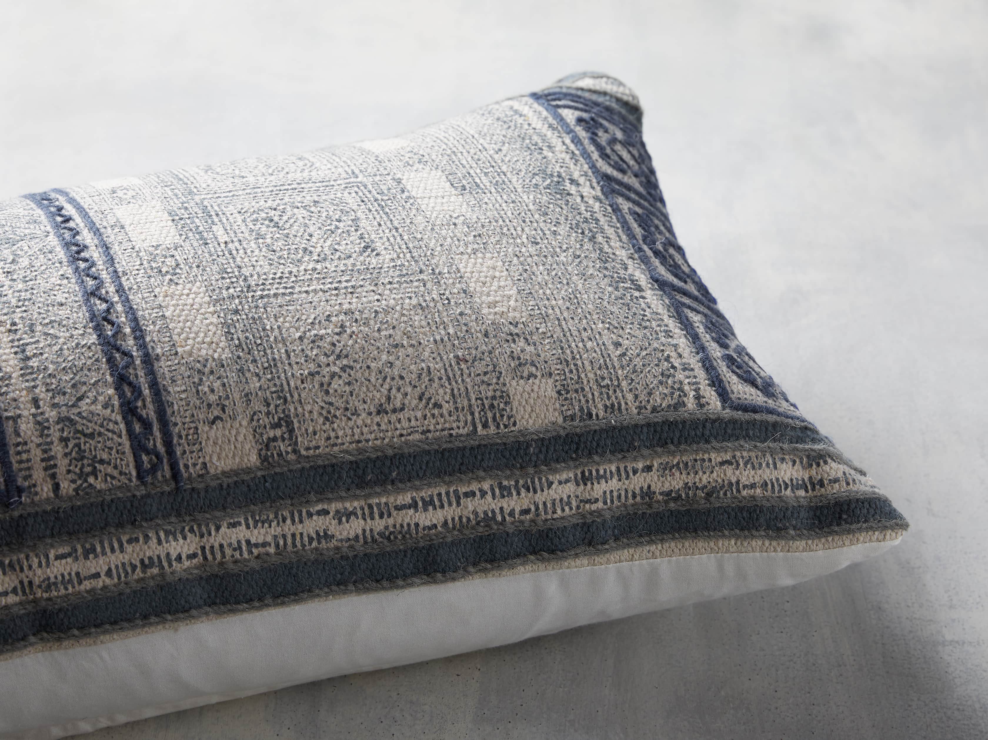 Indigo-Embroidered Antique-Print 14" x 36" Lumbar Pillow