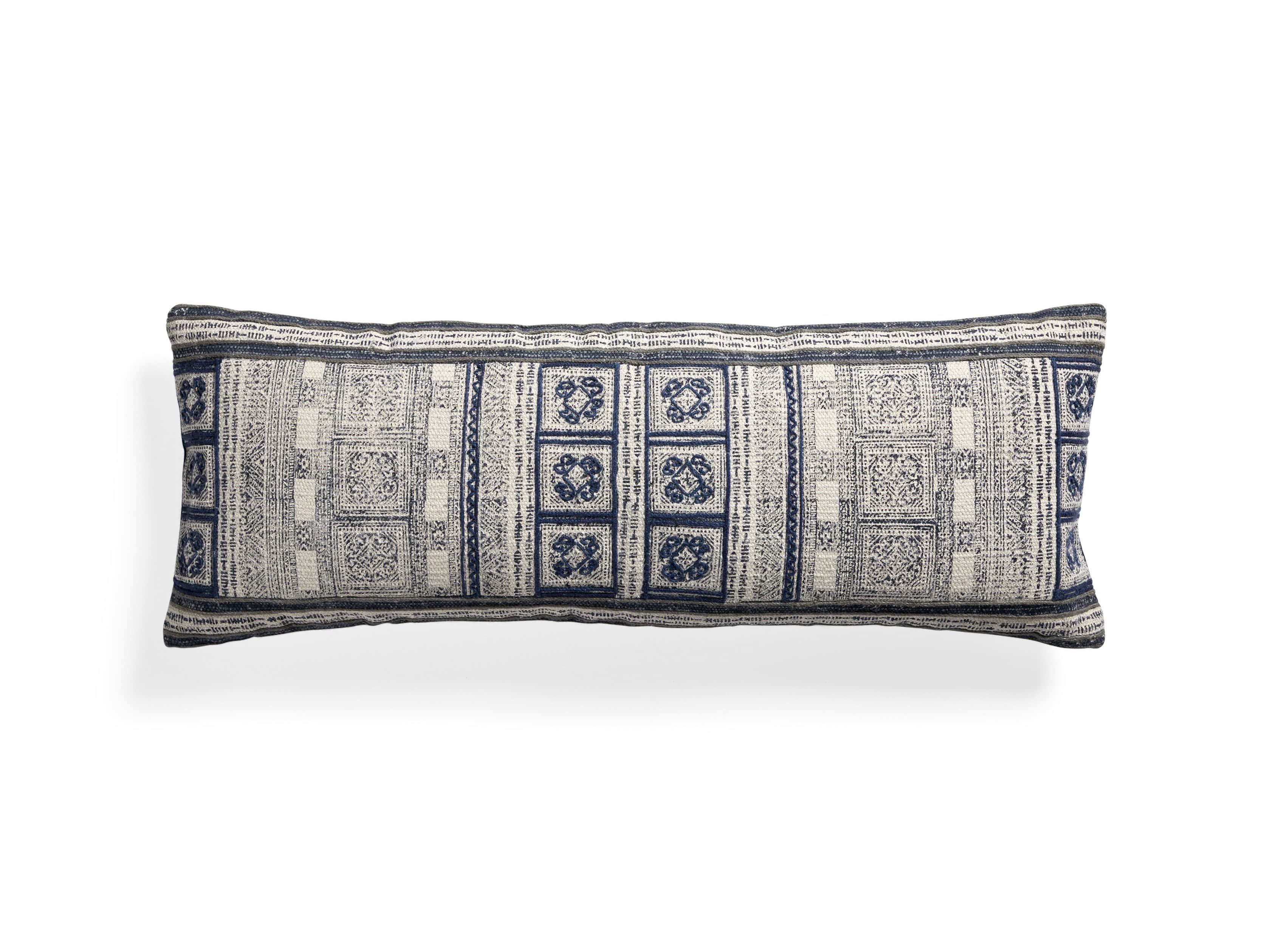 Indigo-Embroidered Antique-Print 14" x 36" Lumbar Pillow