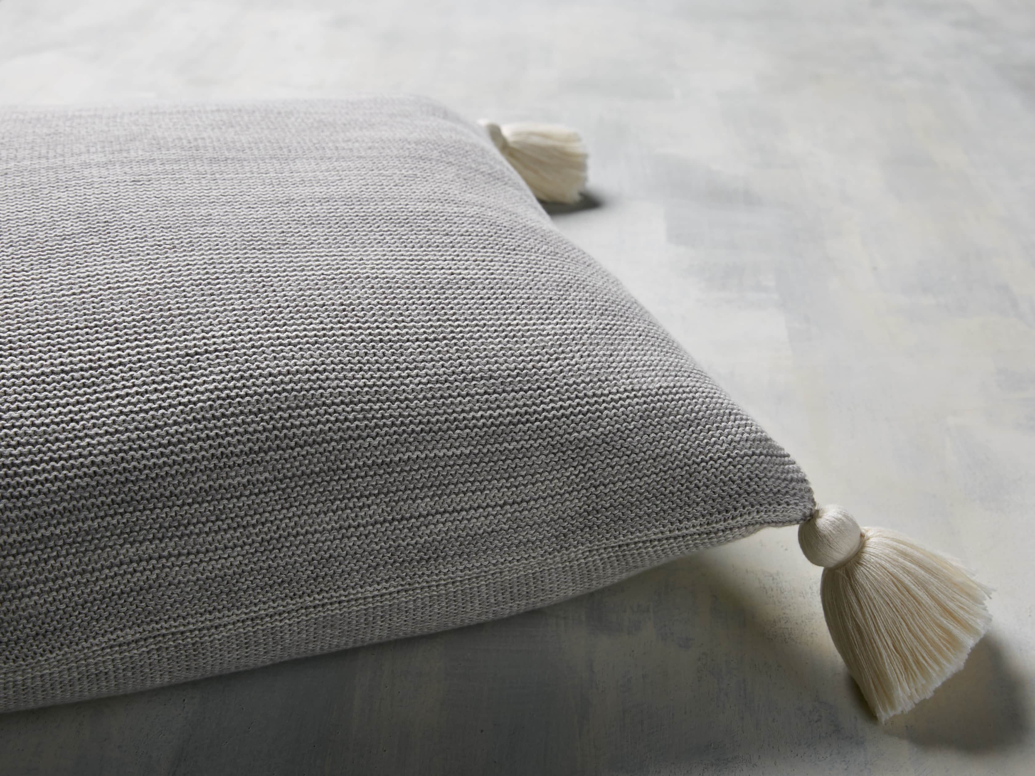 Knit Pom Pom Pillow in Marled Grey, slide 3 of 3