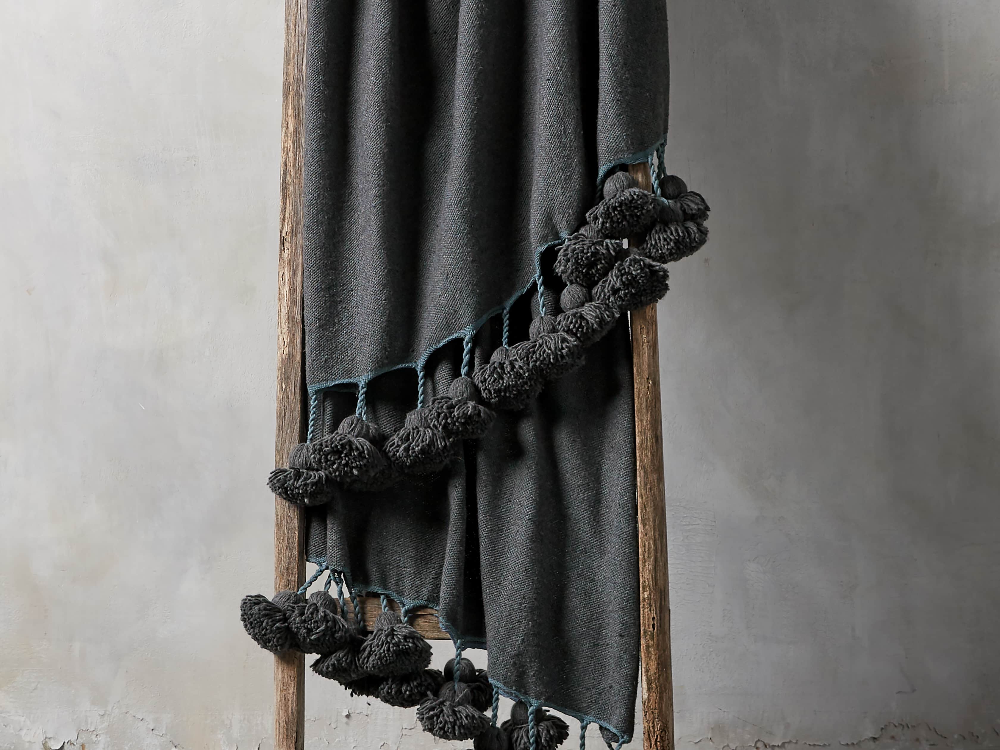Moroccan Pom Pom Blanket in Navy