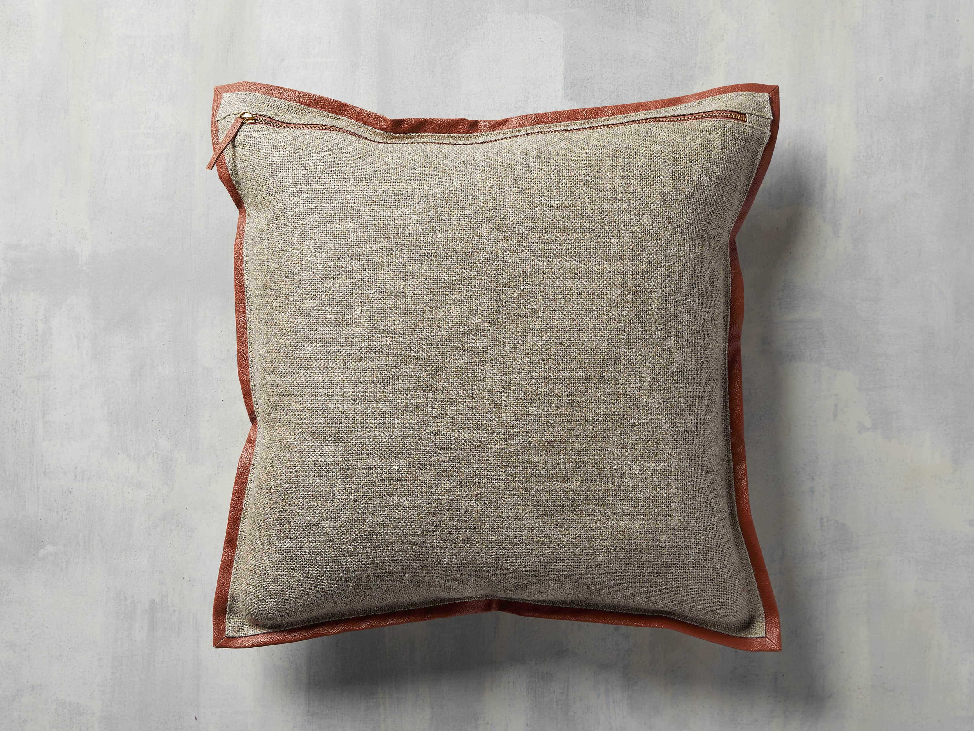 Linen Faux Leather Trim Pillow in Persimmon