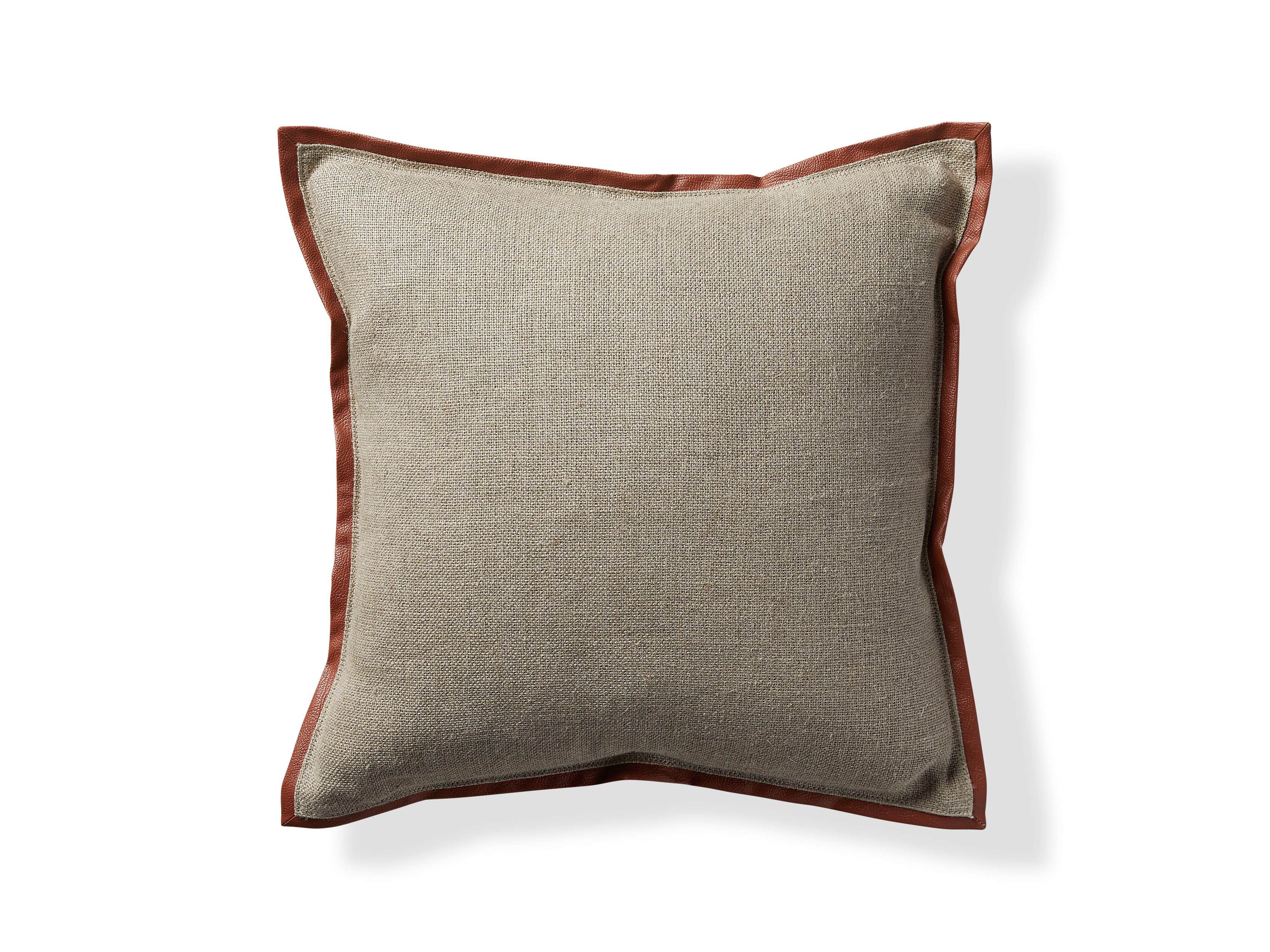 Linen Faux Leather Trim Pillow in Persimmon