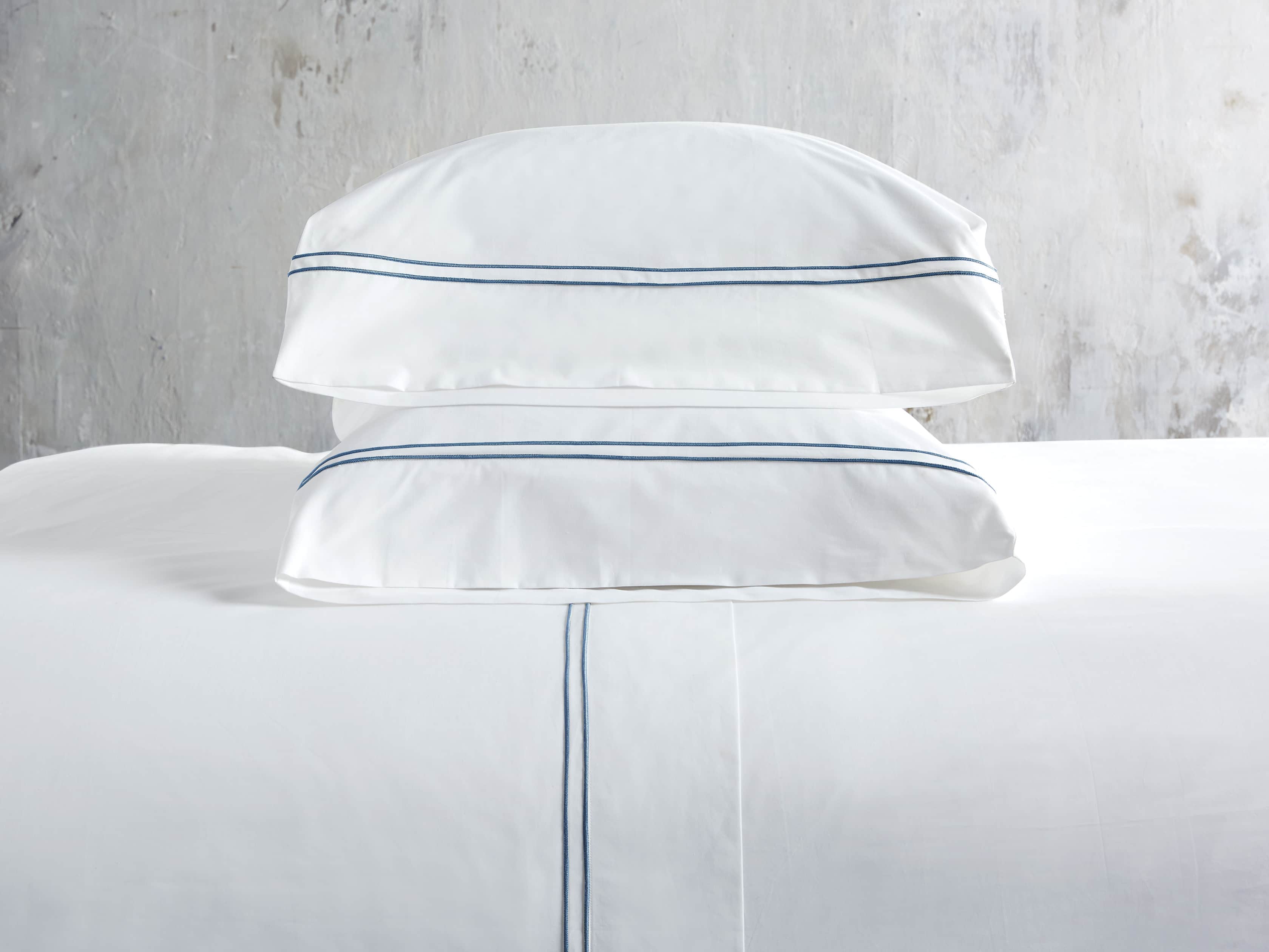 Standard Italian Embroidered Percale Pillow Case in Denim, slide 1 of 3