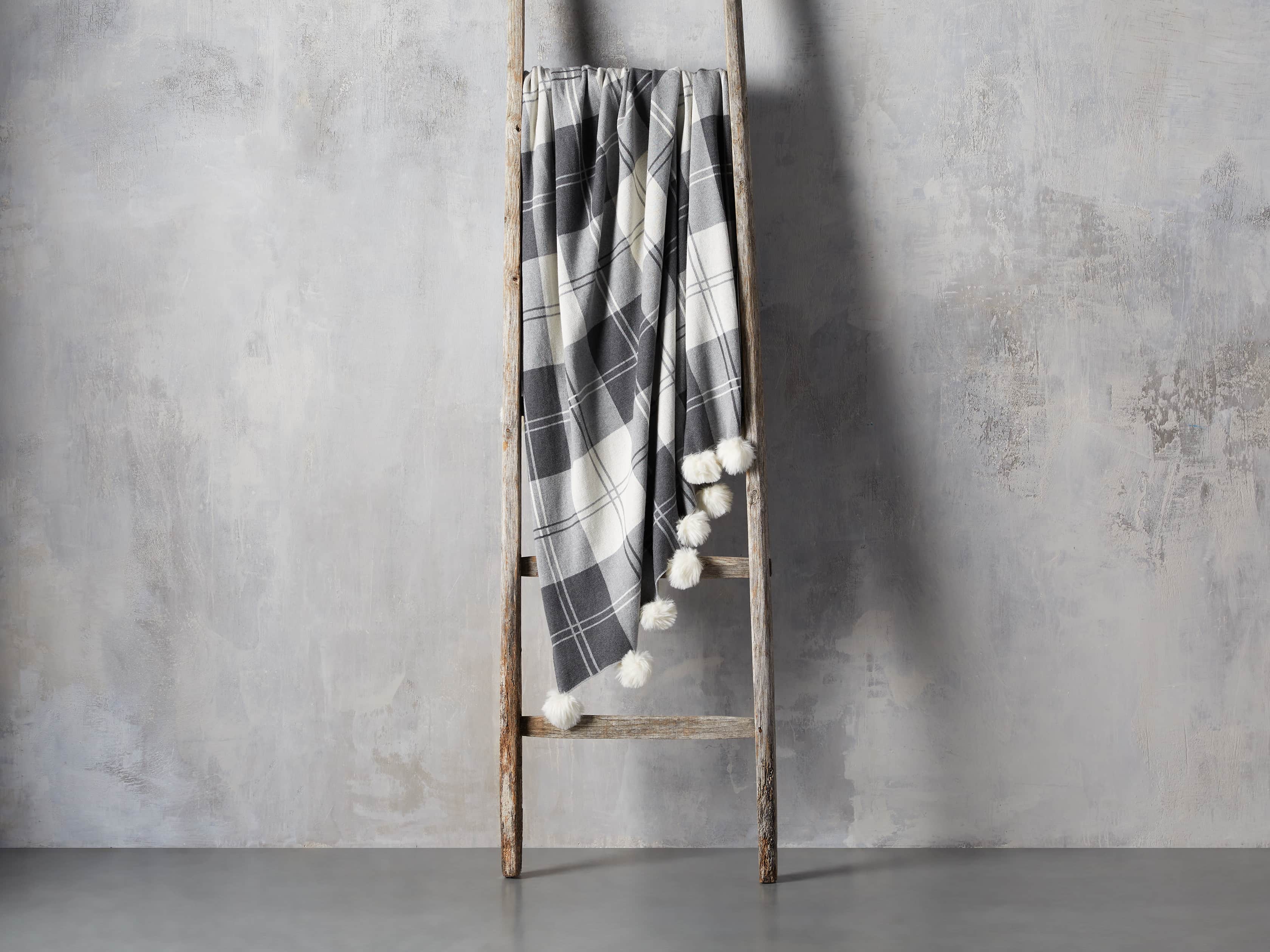 Plaid Throw with Faux Fur Pom Poms in Grey, slide 2 of 4