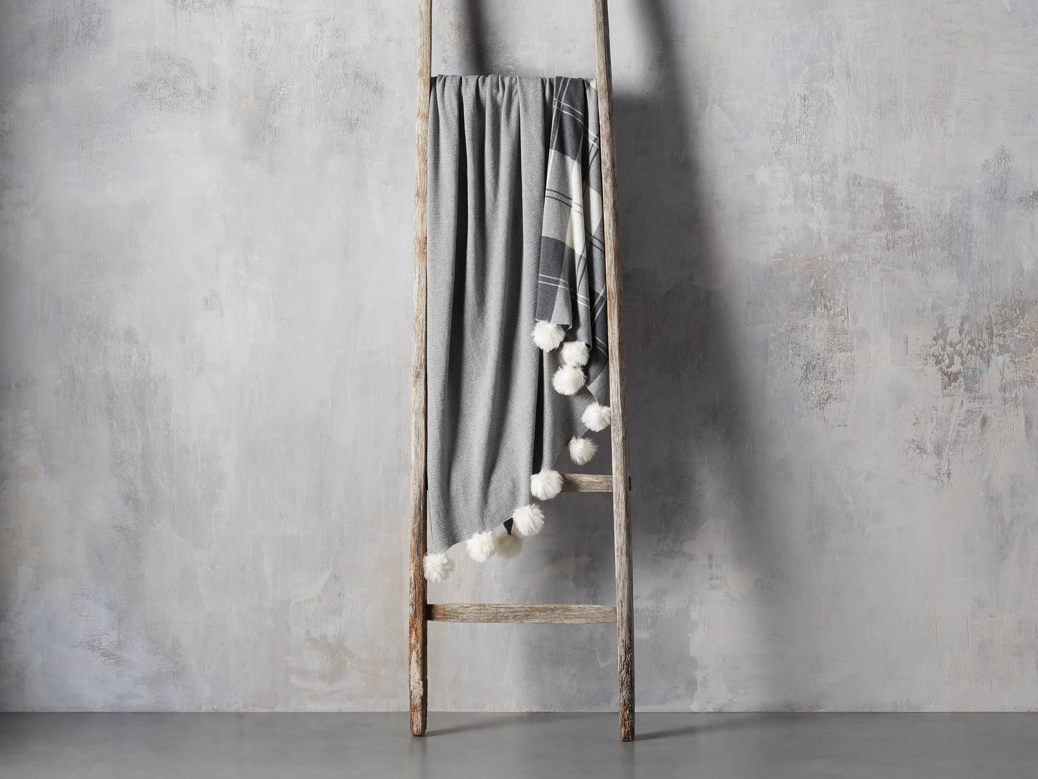 Plaid Throw with Faux Fur Pom Poms in Grey, slide 3 of 4