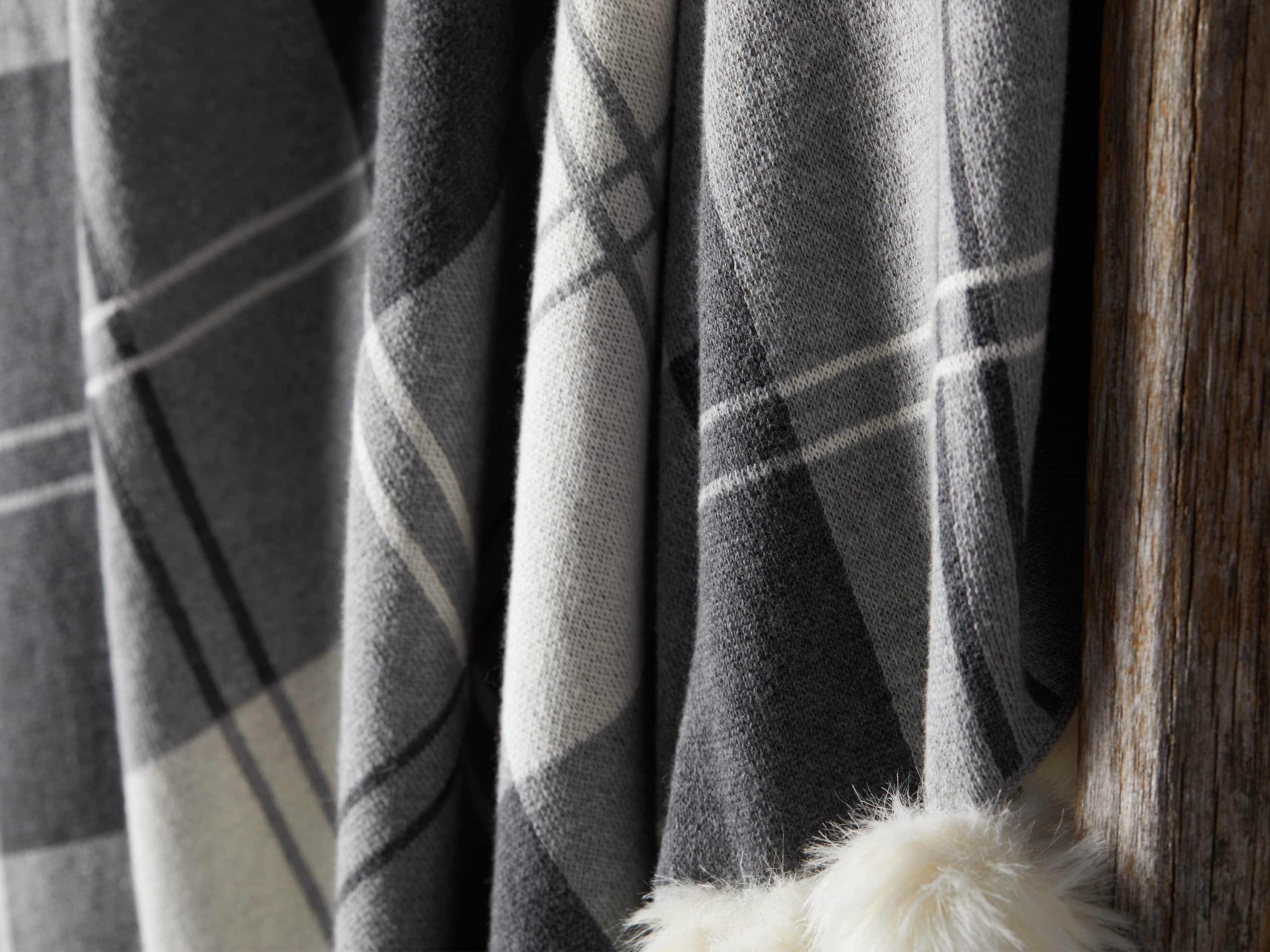 Plaid Throw with Faux Fur Pom Poms in Grey, slide 4 of 4