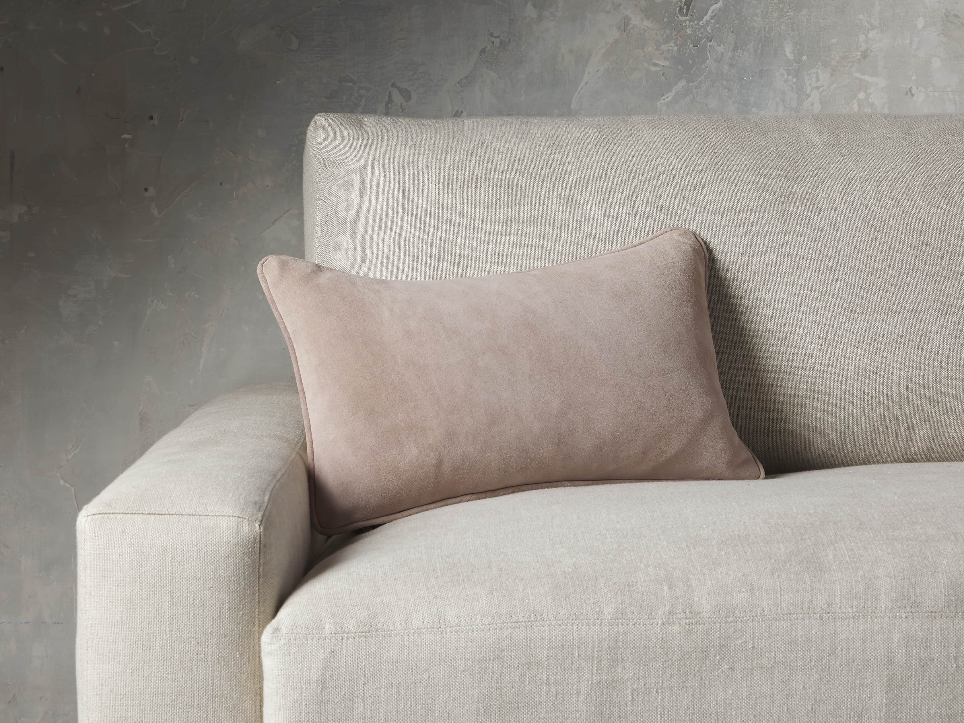 SUEDE LUMBAR PILLOW IN MISTY ROSE, slide 1 of 7