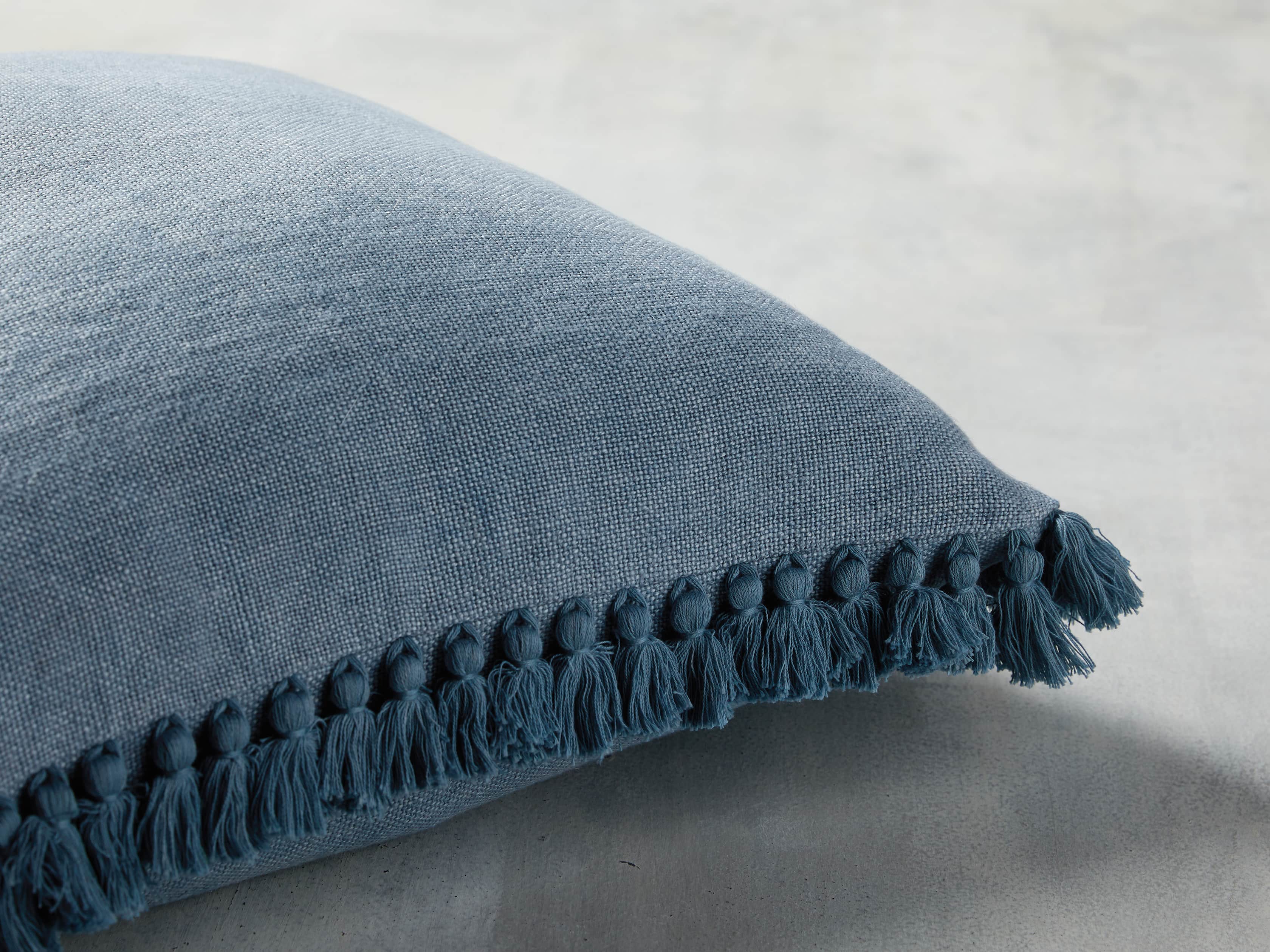 Tasseled Linen Pillow in Light Blue