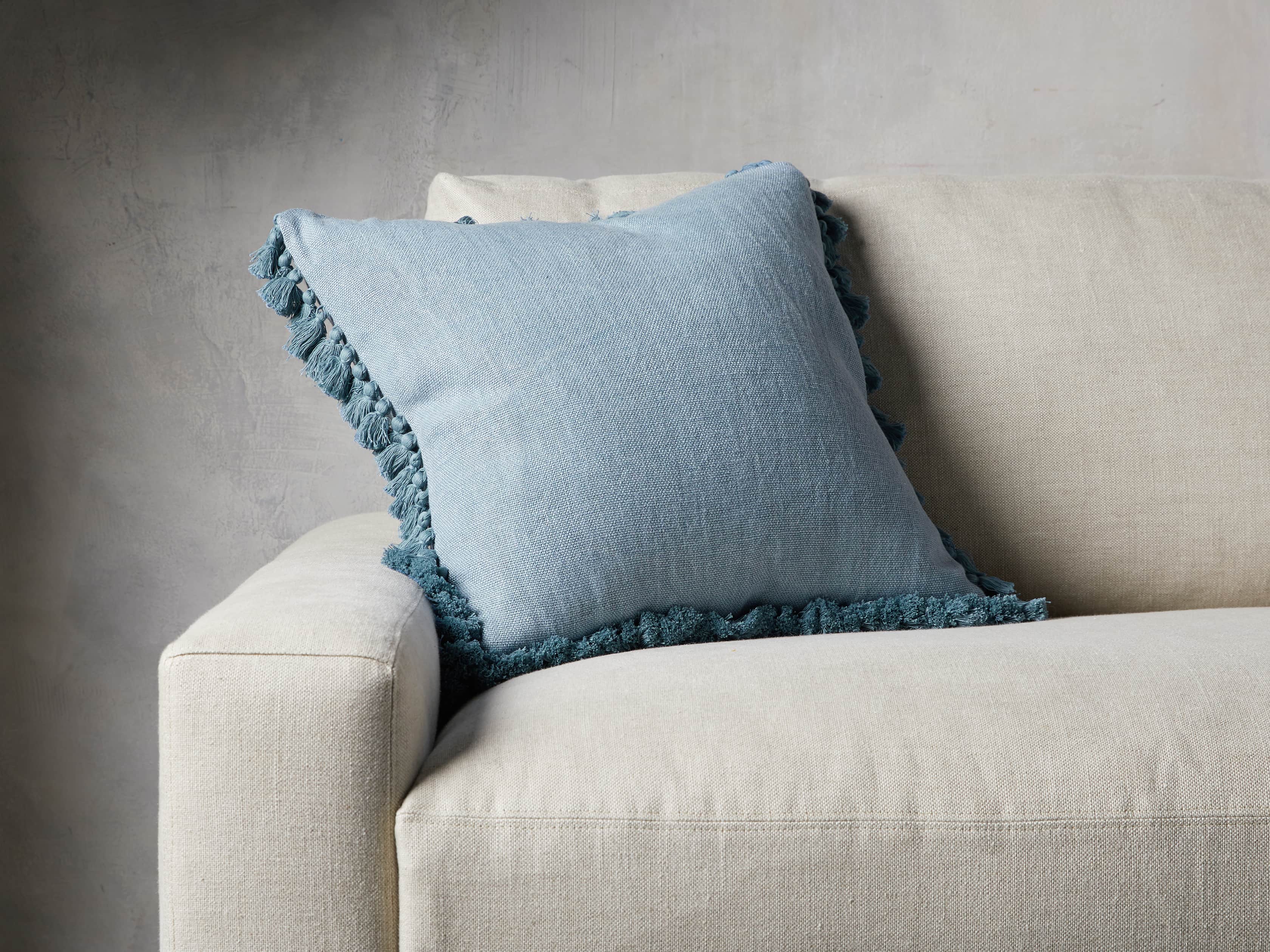 Tasseled Linen Pillow in Light Blue