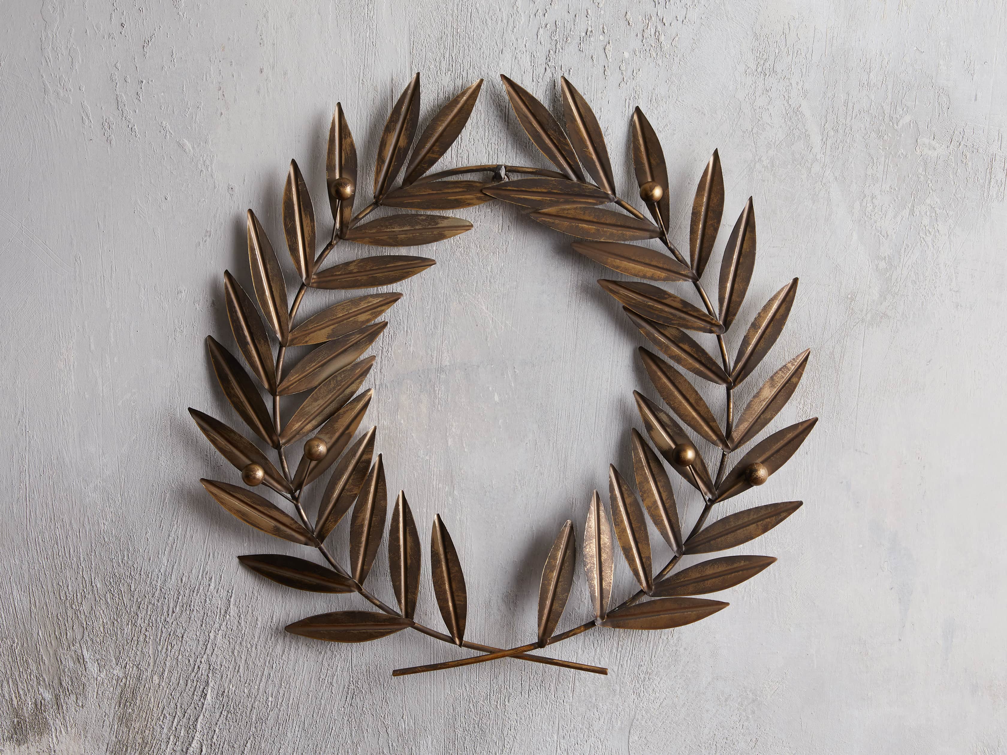 Laurel Metal Wreath in Distressed Brass, slide 1 of 4