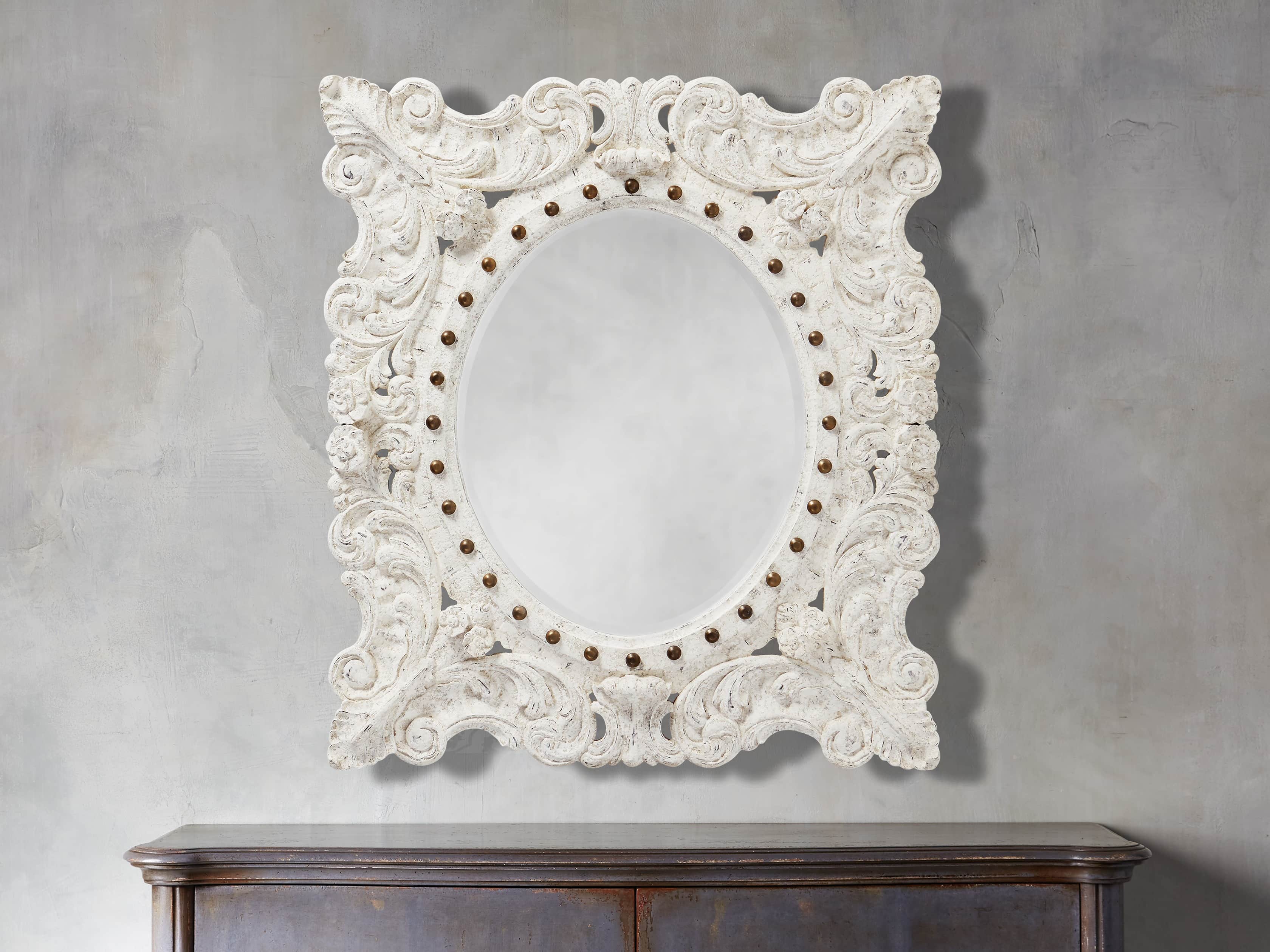 MERLE 47” X 53” HAND CARVED SMALL MIRROR IN WHITE, slide 2 of 5