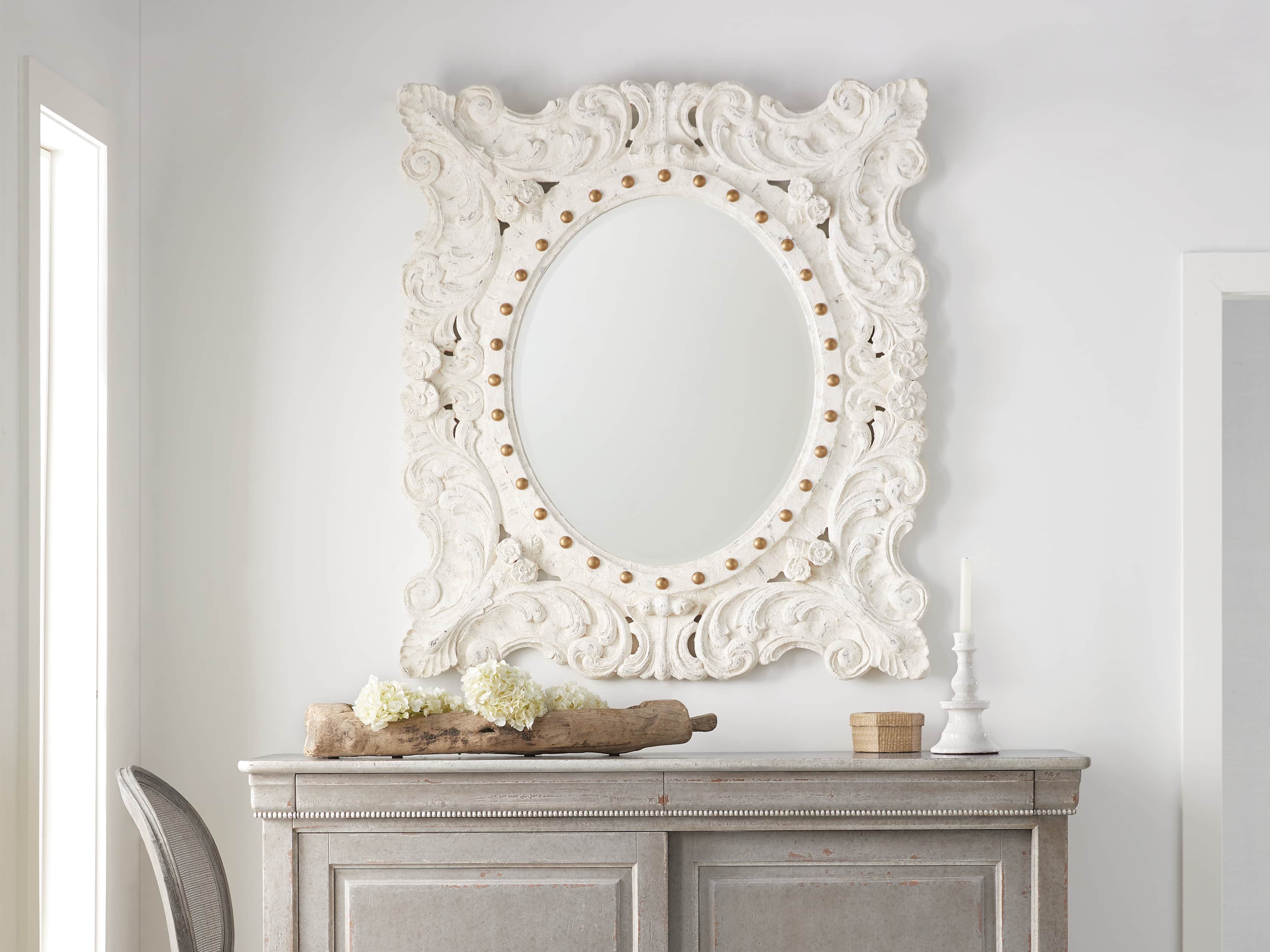 MERLE 47” X 53” HAND CARVED SMALL MIRROR IN WHITE, slide 1 of 5