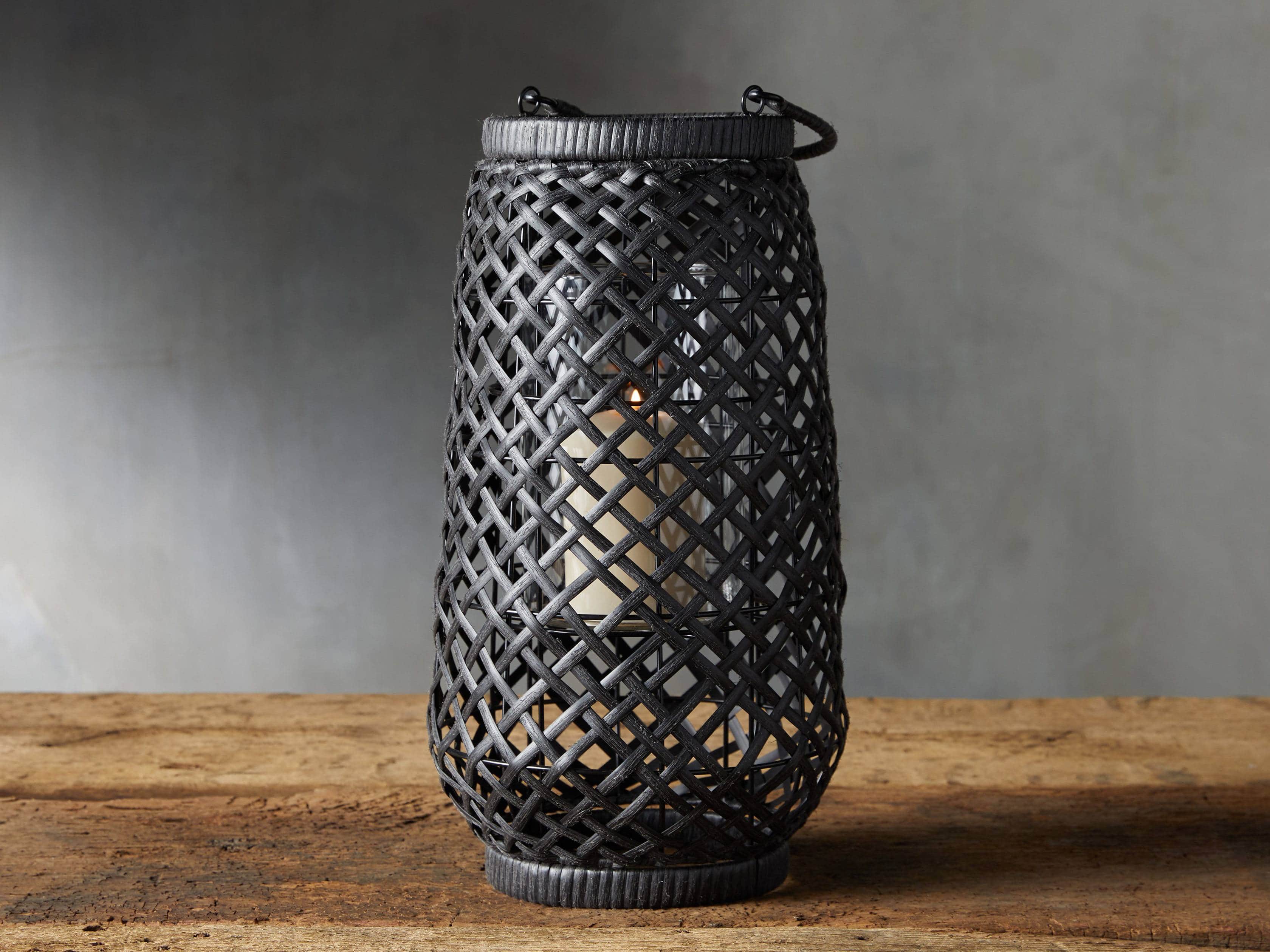 Boho Weave Outdoor Lantern in Dry Bark