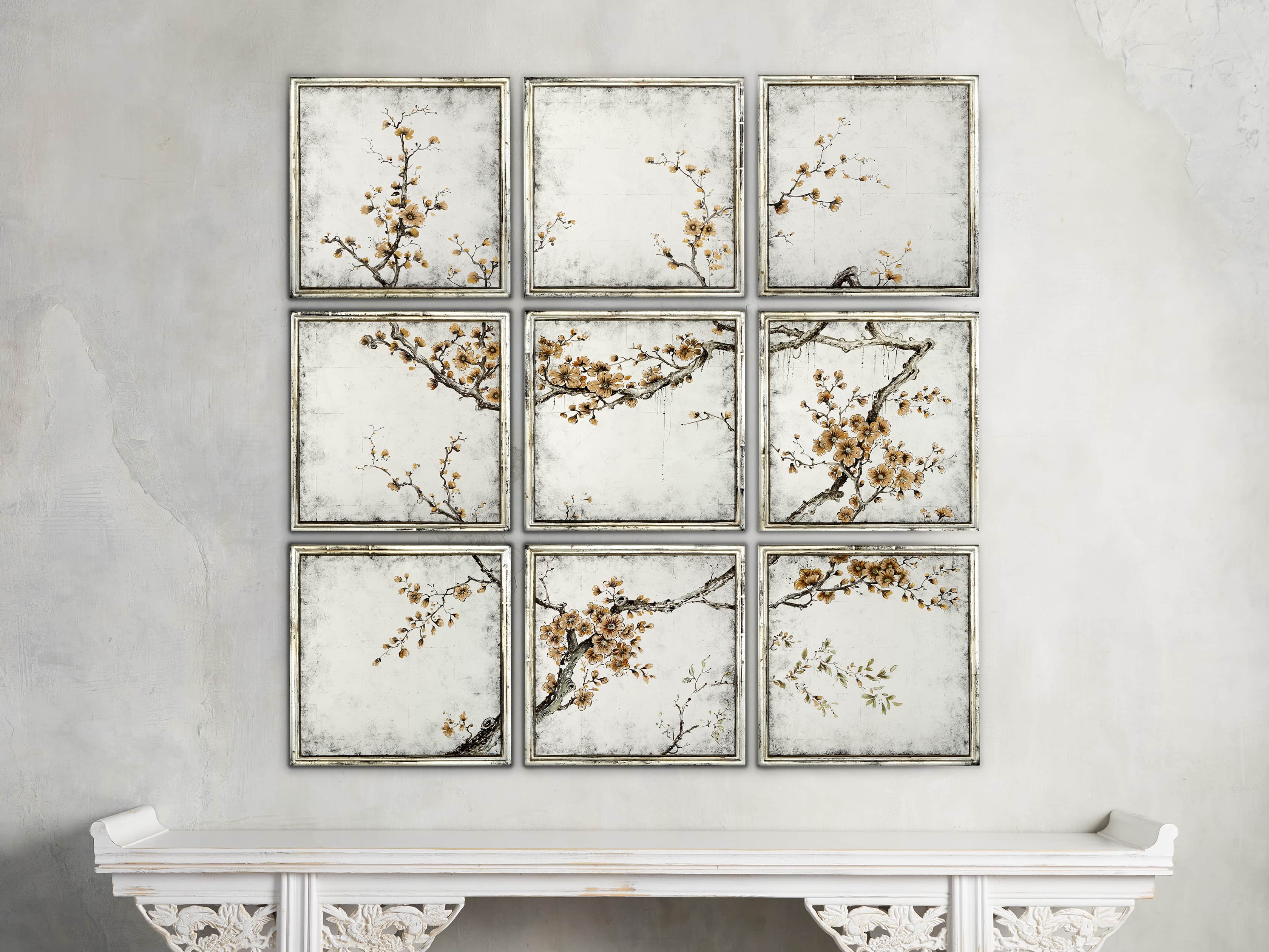 CERISE SET OF NINE 19" SQUARE HAND PAINTED MIRRORS, slide 1 of 2