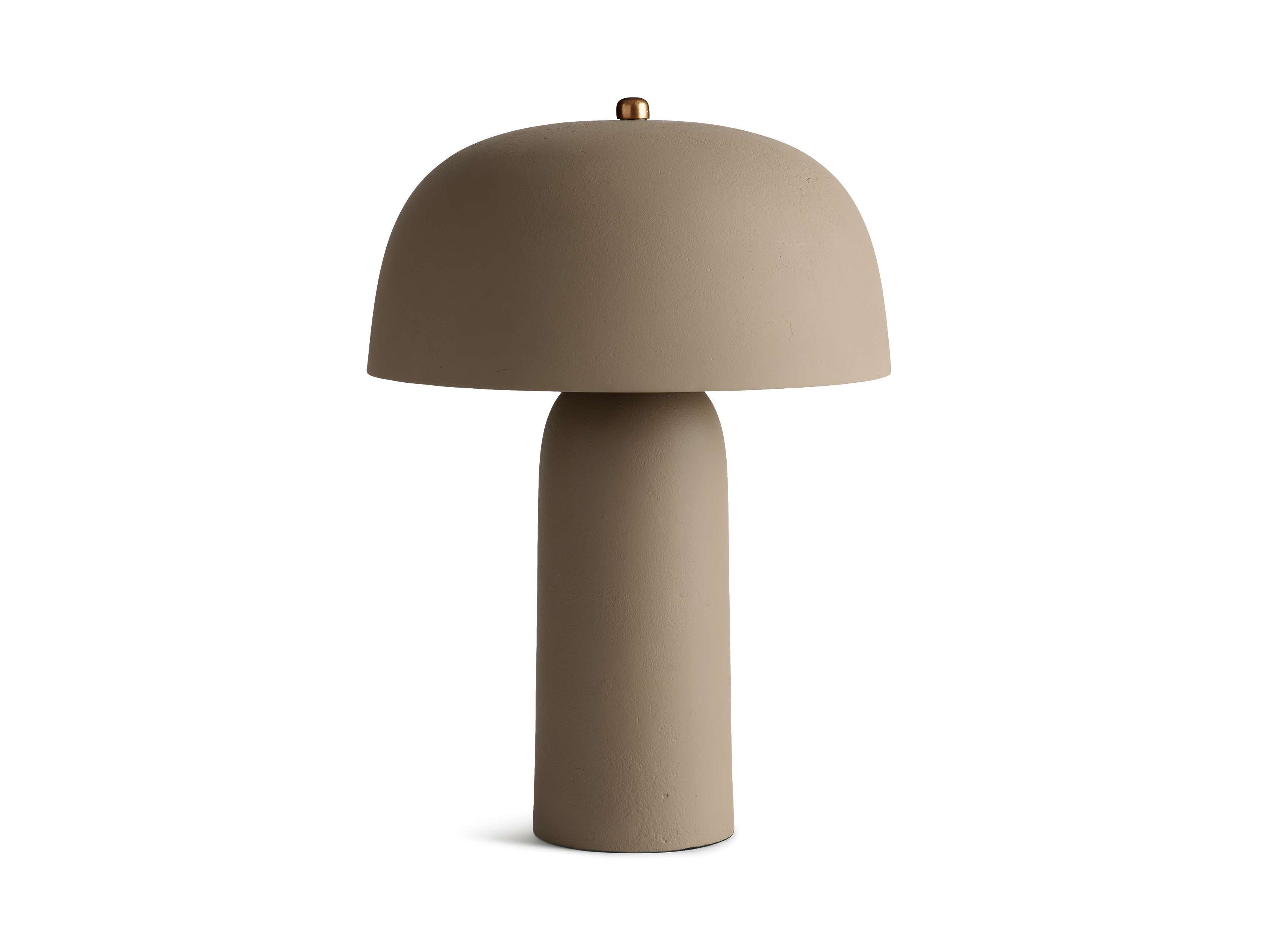 The Ira Table Lamp in brown features a mushroom-style beige bowl shade and cylindrical base with a gold knob embellishment on top.